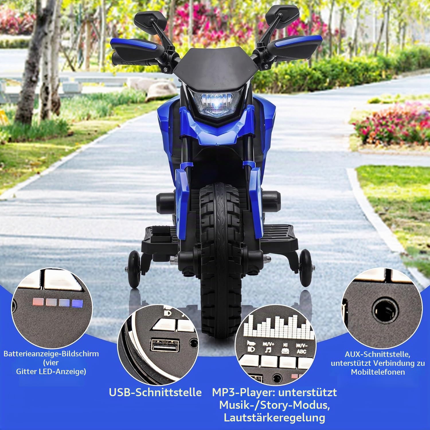 Elektro-Motorrad Kinder 6V mit Stützrädern, Kindermotorrad mit LED und Musik, Akku 6V4Ah, Belastbarkeit 25 kg, Elektrisches Spielzeug für Jungen und Mädchen 3-6 Jahre, Blau