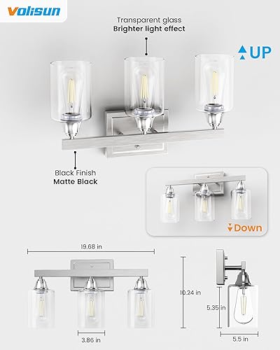 Miniatura 5 de VOLISUN Lámparas de baño de níquel cepillado, 3 luces de tocador de baño sobre espejo, modernas luces de tocador para baños, accesorios de