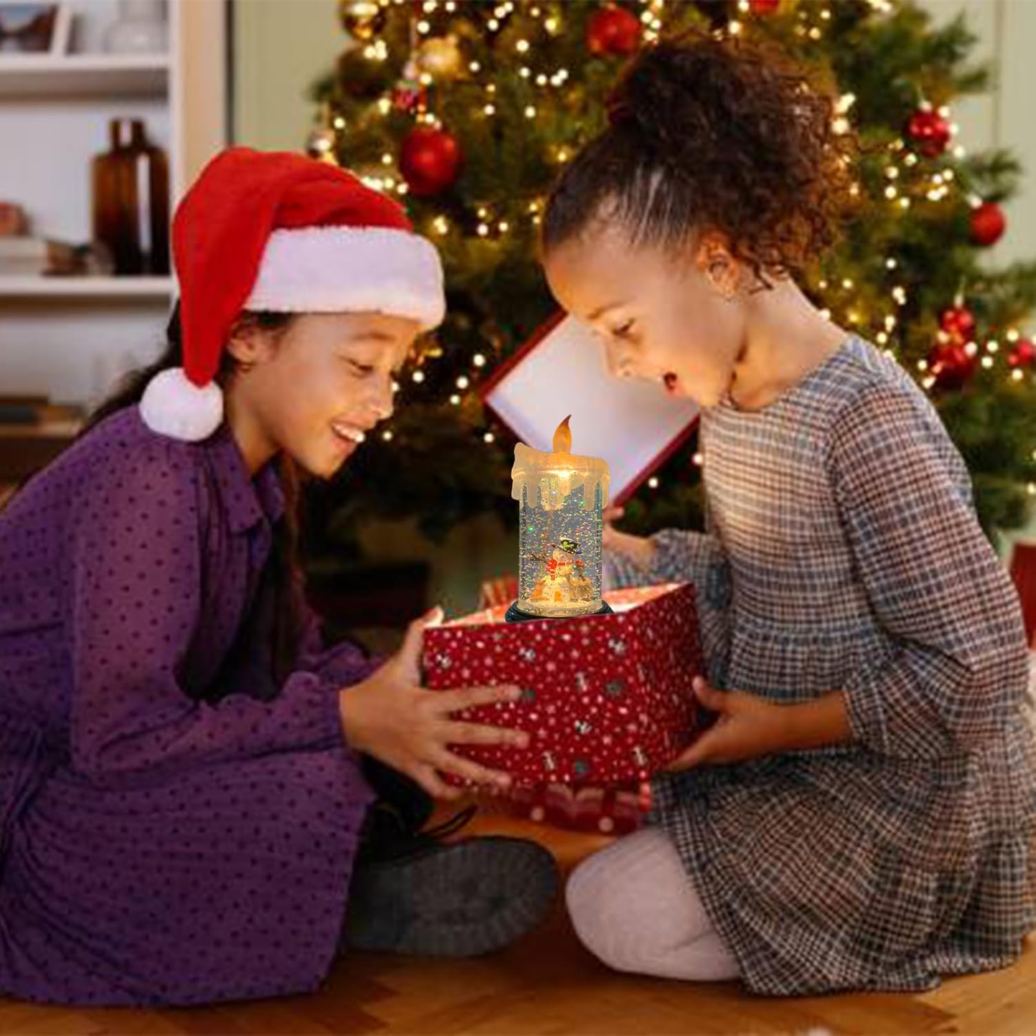 Christmas Flickering Flameless Candles Christmas Snow Globe Candle Light Swirling Water Glittering Spinning Candles with 6 Hours Timer for Home Christmas Gift Decorations (Snowmen)