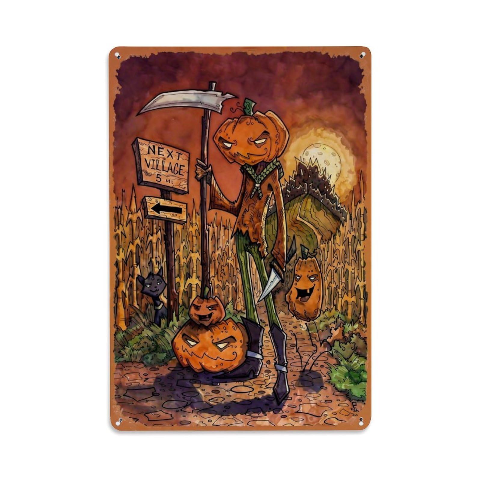 Jdfenggu Vintage Pumpkin Reaper Scarecrow Moonlight Path Retro Metal Tin Sign, Decor Art Poster For Bar, Home, Man Cave, Kitchen, Laundry Room Gift 8X12inch