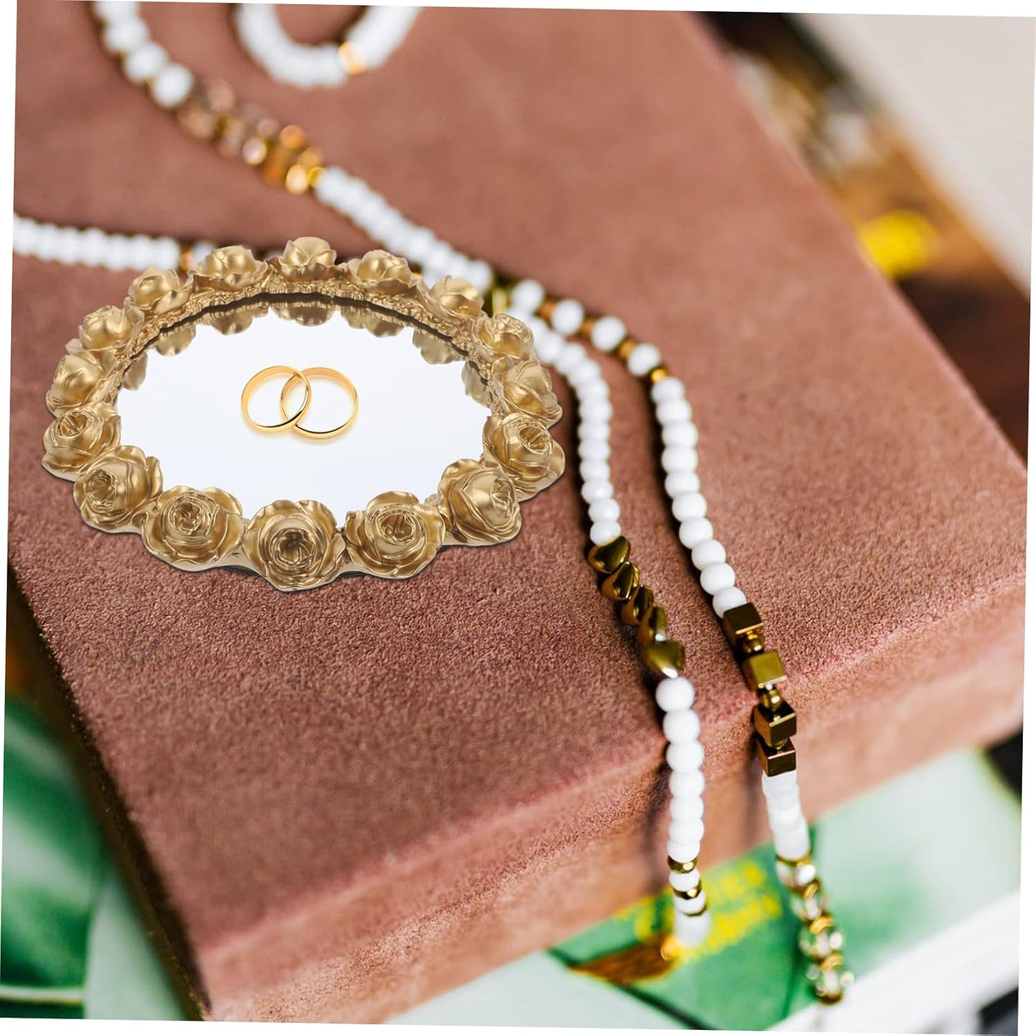 Zerodeko Elegant Vintage Decorative Tray for Jewelry Makeup and Trinkets Mirror Rose Design Multi-functional Storage Dish for Bathroom and Dresser Decor Gold Finish