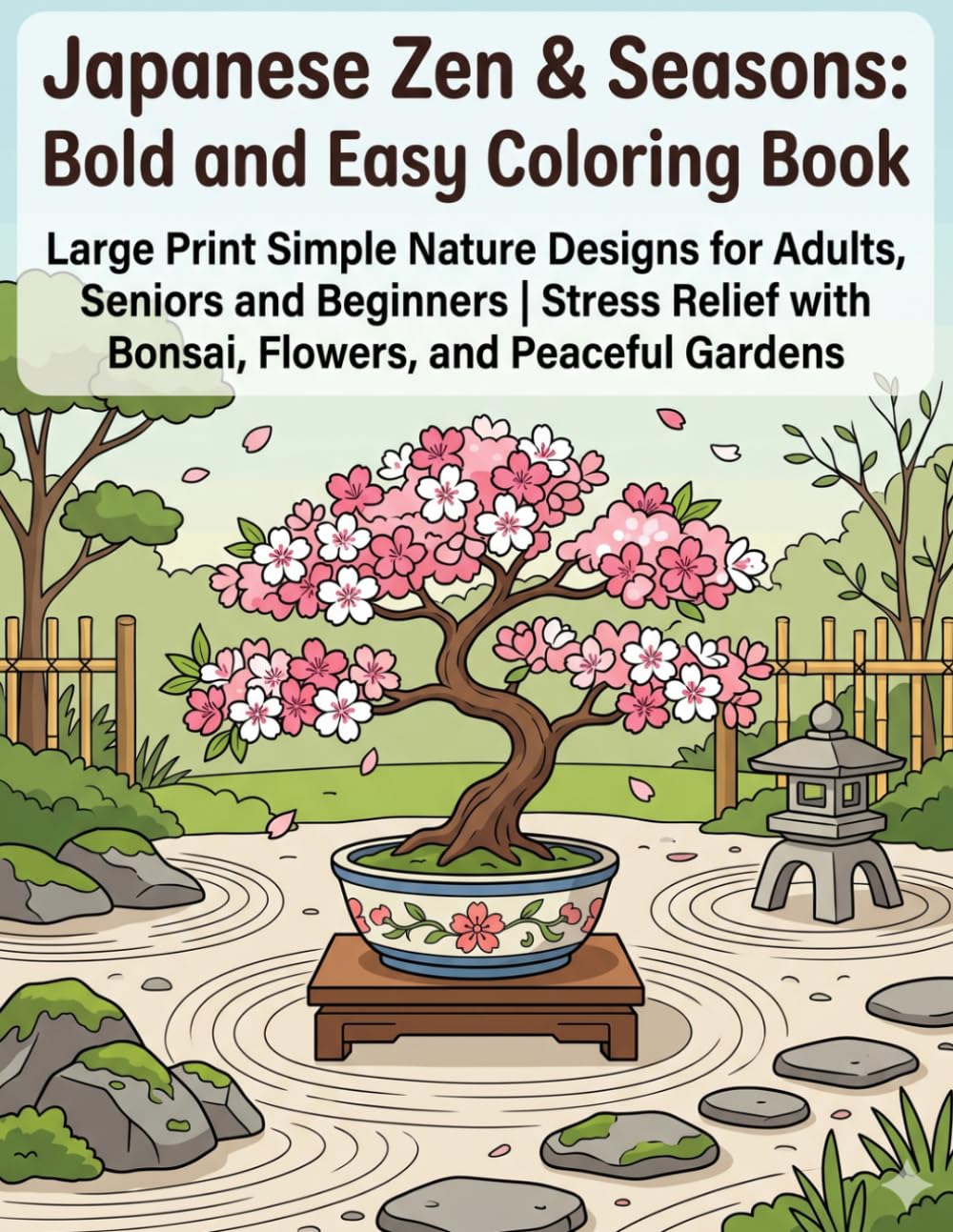 Japanese Zen & Seasons: Bold and Easy Coloring Book: Large Print Simple Nature Designs for Adults, Seniors and Beginners | Stress Relief with Bonsai, Flowers, and Peaceful Gardens