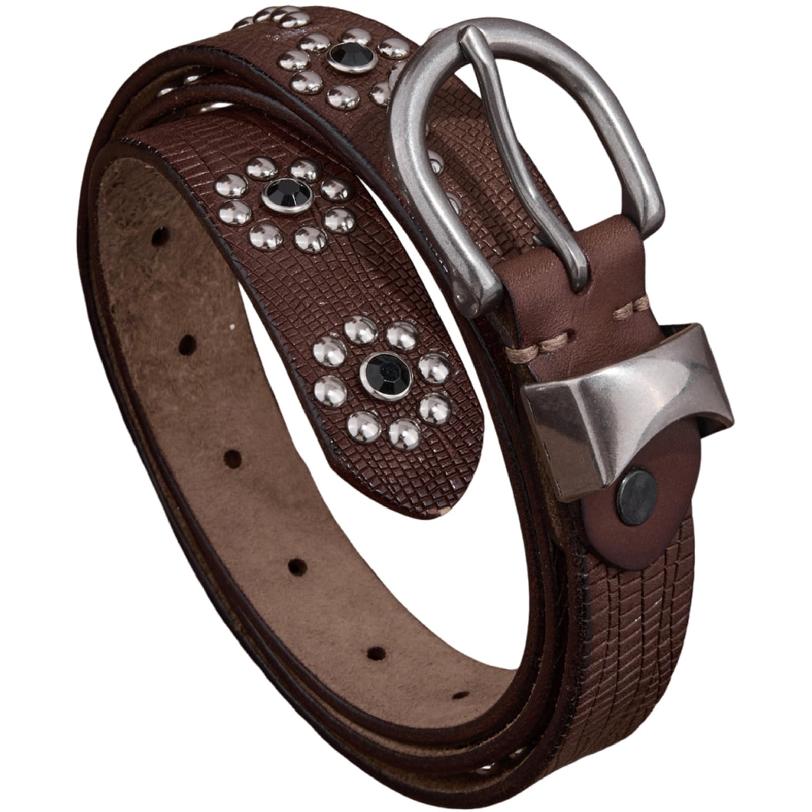 AGUTALITHIC Rhinestones Round Rivets in Floral Arrangement Studded Belt – Punk Rock Crocodile Pattern Embossed Leather Strap(115cm/45, Brown)