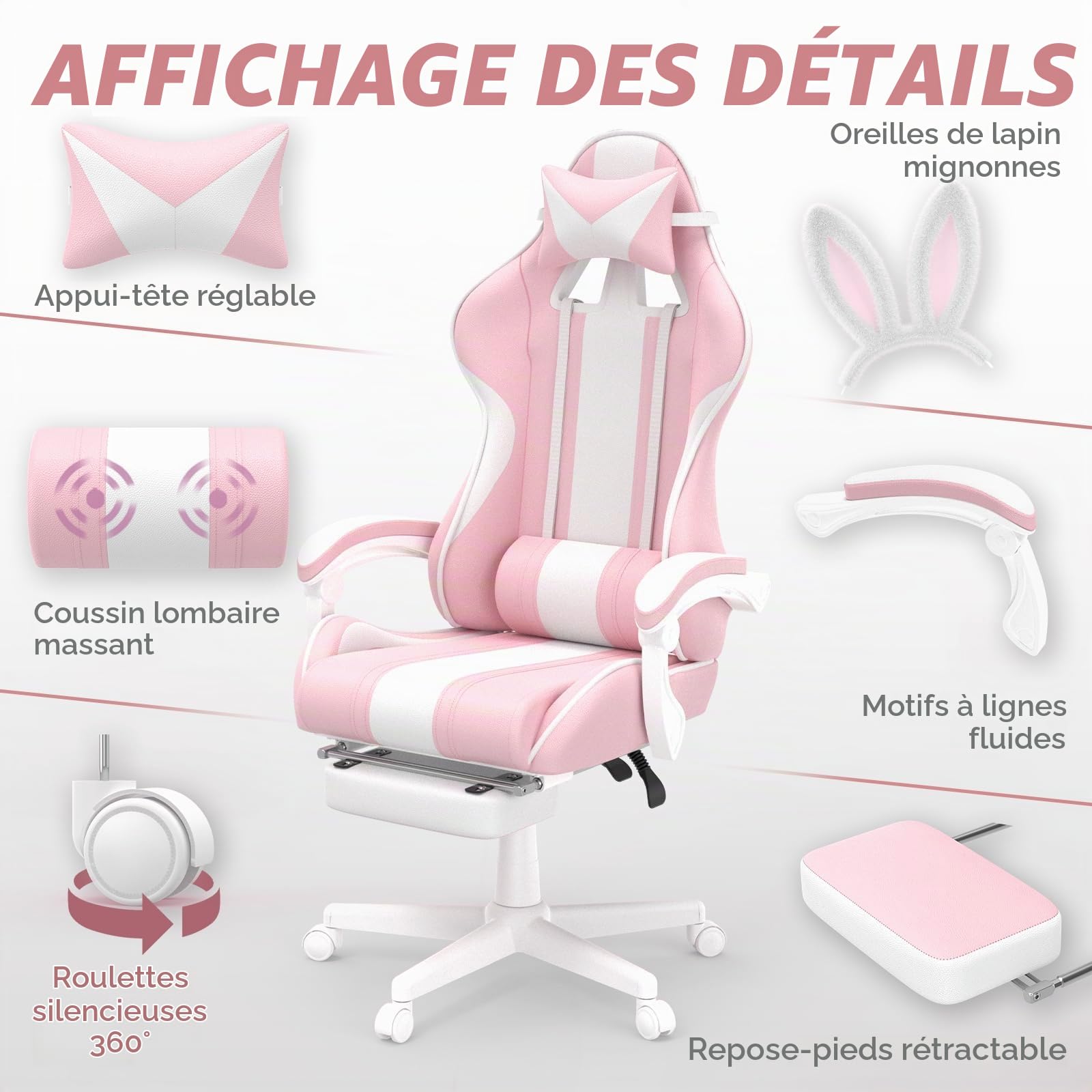 Chaise Gaming Ergonomique avec Repose-Pieds Rétractable, Gaming Chair avec Oreilles et Queue de Chat, Fauteuil Gamer en Tissu avec Massage Lombaire, Appui-Tête, Hauteur Réglable, Roulettes PU, Rose