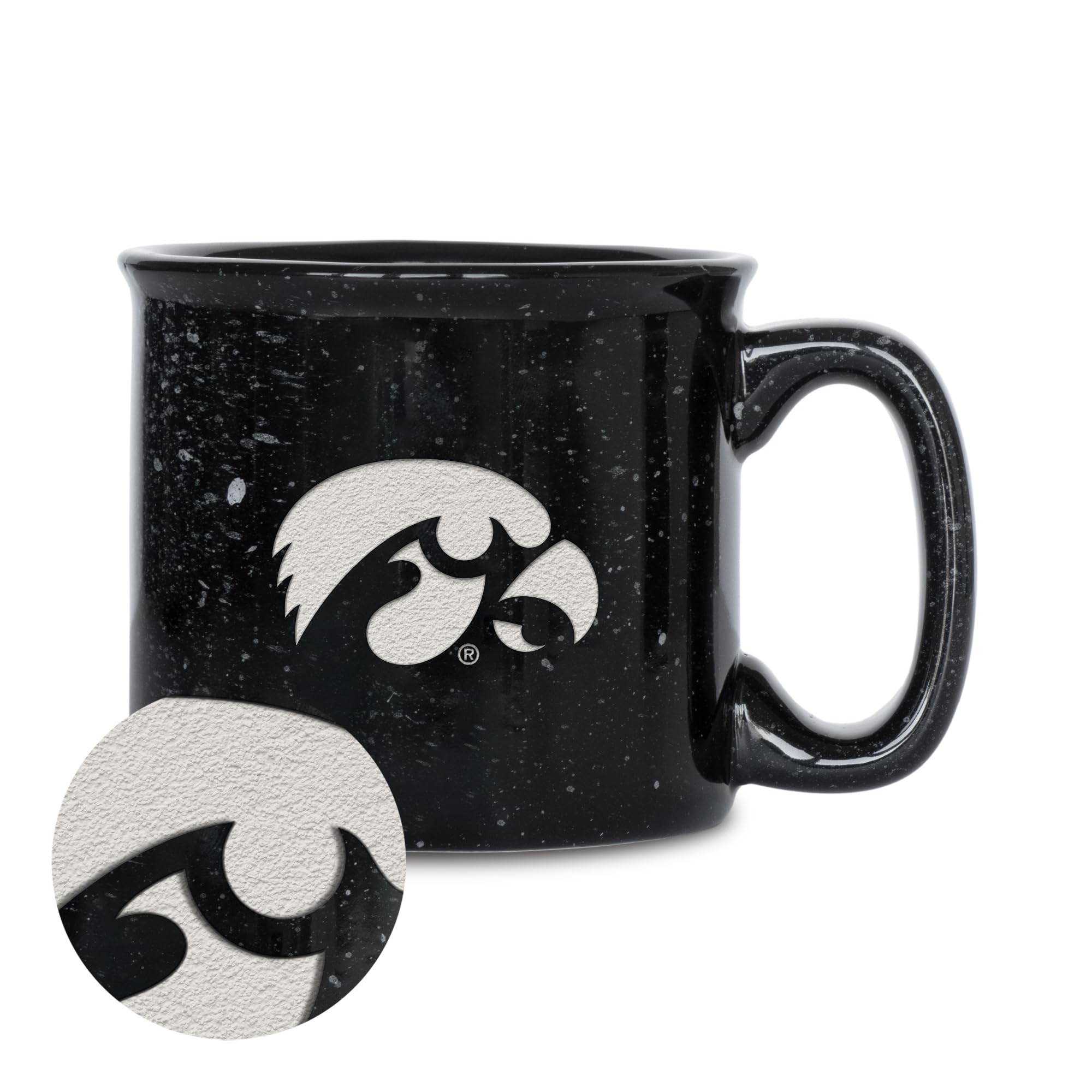 Tasse Iowa Hawkeyes gravée laser Rico Industries en céramique premium mouchetée