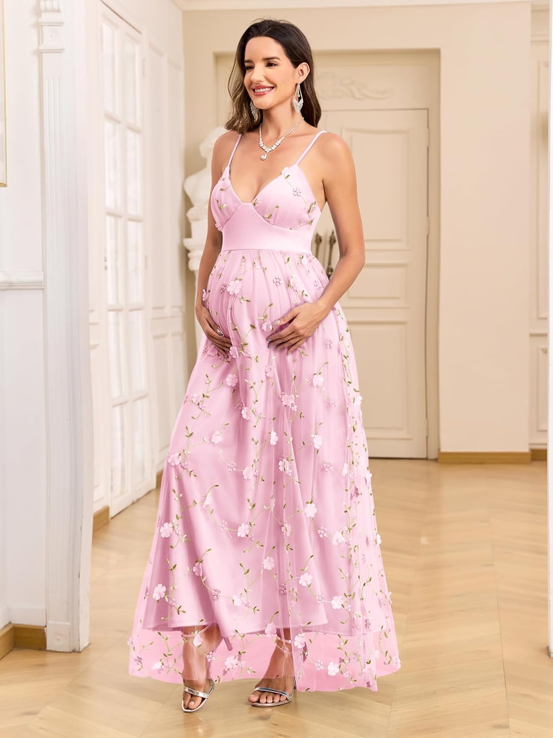 AISWI 3D Floral Maternity Maxi Dress V-Neck Tulle Spaghetti Strap A-Line Pregnancy Gown for Baby Shower Wedding Party