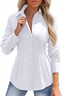 siliteelon Button Down Shirts for Women Cinched Waist Dress Shirt Cotton Long Sleeve Business Casual Work Office Blouse Global Recycled Standard Global Recycled Standard Global Recycled Standard