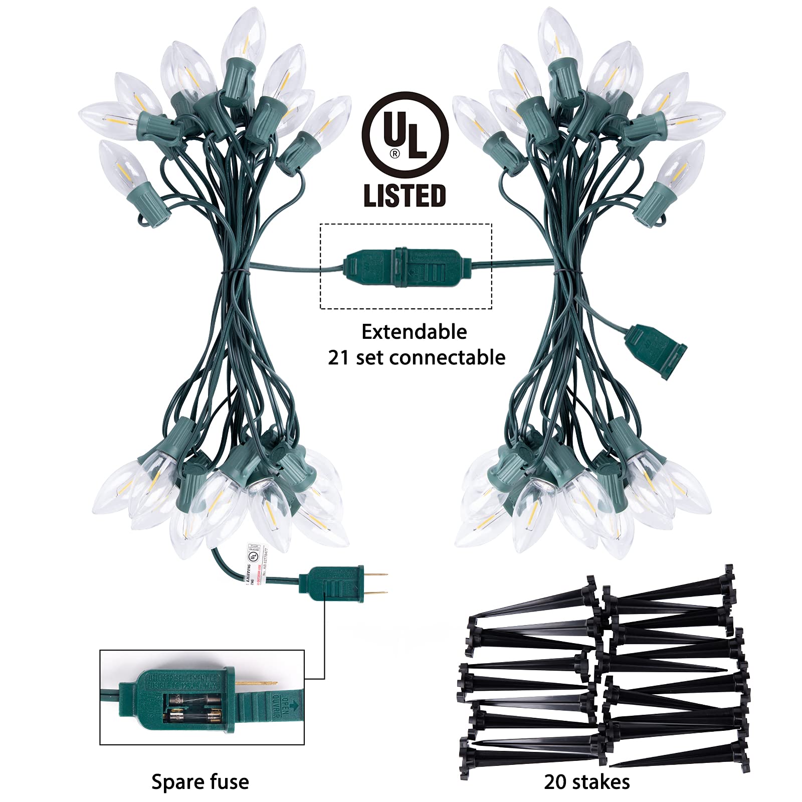 Tira de luces LED estilo sendero de Navidad para exteriores; tira de 20 luces LED C9 de 25.7 pies con 20 estacas conectables y a prueba de agua para interiores, fiestas de Navidad y decoración comercial; luz cálida color blanco 5
