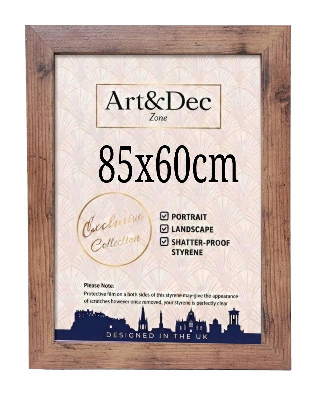 Art & Dec Zone® Vintage-style Rustic MDF Picture Frame 85x60 cm Durable MDF Poster Frame with Clear Acrylic Protection – Wall Display for Photos, Artwork & Prints