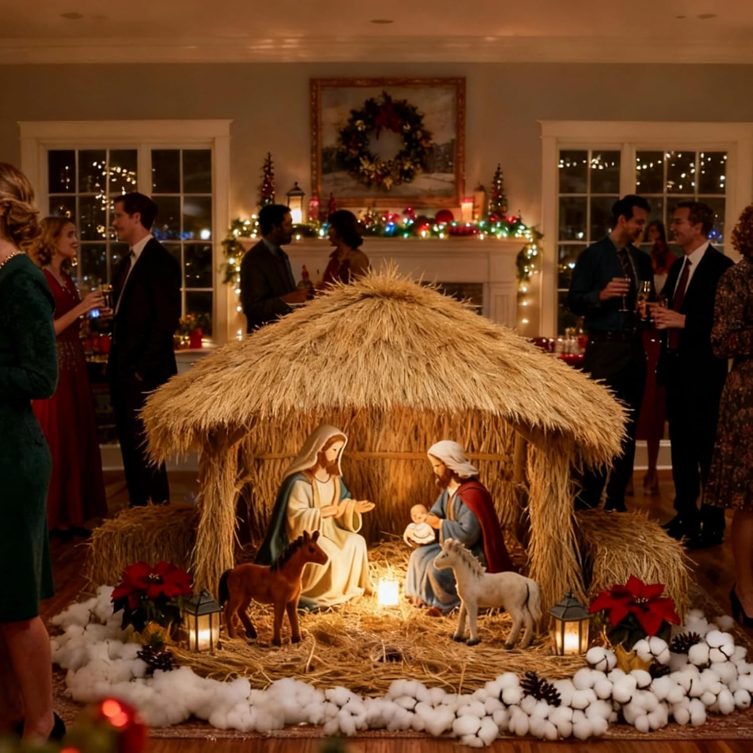 XLX TURF Artificial Thatch Straw Roof for Tiki Bar Hut - Waterproof & Fireproof Synthetic Hay Material Decor Western Nativity Haunted Halloween Cottage Party - Duck Blind Grass 15’ x 15.74“