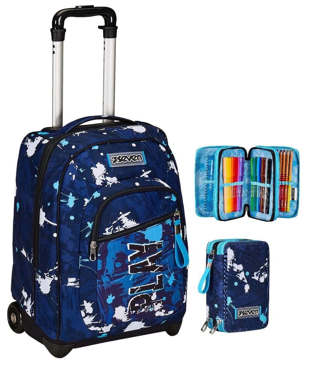 Seven Trolley Fisso Scuola, Blu, 2 in 1, Doppio Uso + Astuccio 3 Scomparti Seven, Blu, Bambino e Ragazzo