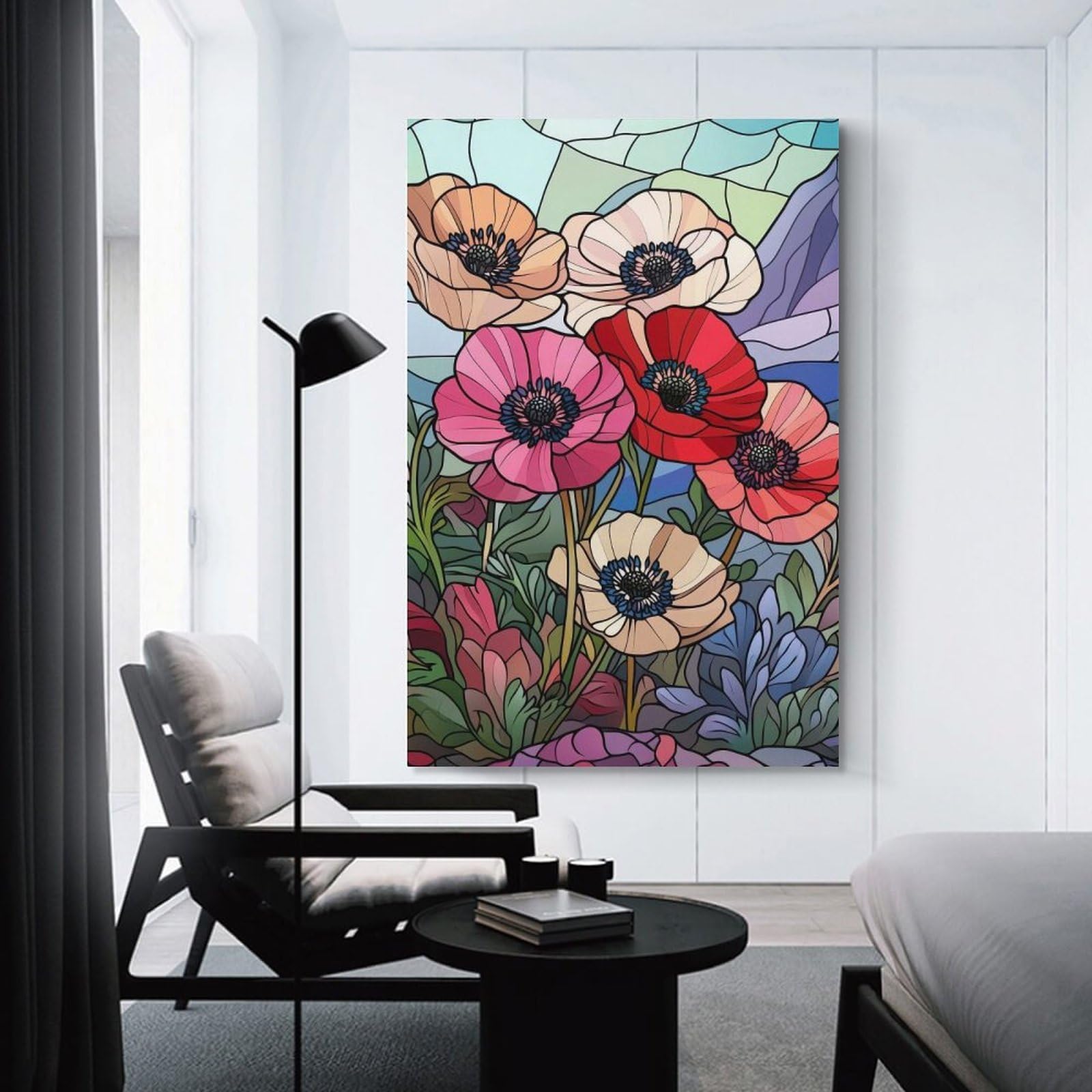 Junmoney Decorative Wall Artwork Stained Glass Poppies, 12x18inch(30x45cm), for Calm Bedrooms, Home Corners Or Flats, An Easy Wall Refresh for Bedrooms