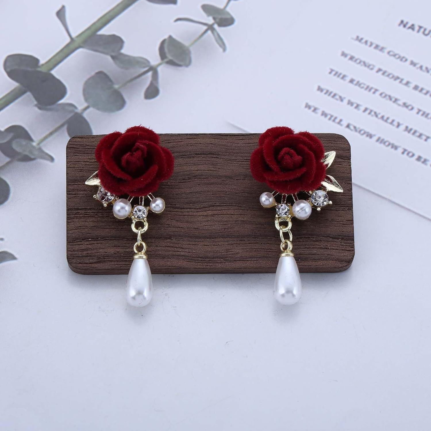Bohemian Camellia Crystal Pearl Dangle Earrings Gold Cz Pearl Drop Earring Red Velvet Rose Flower Earring Vintage Rose Camellia Flower Earrings Jewelry for Women - Image 3