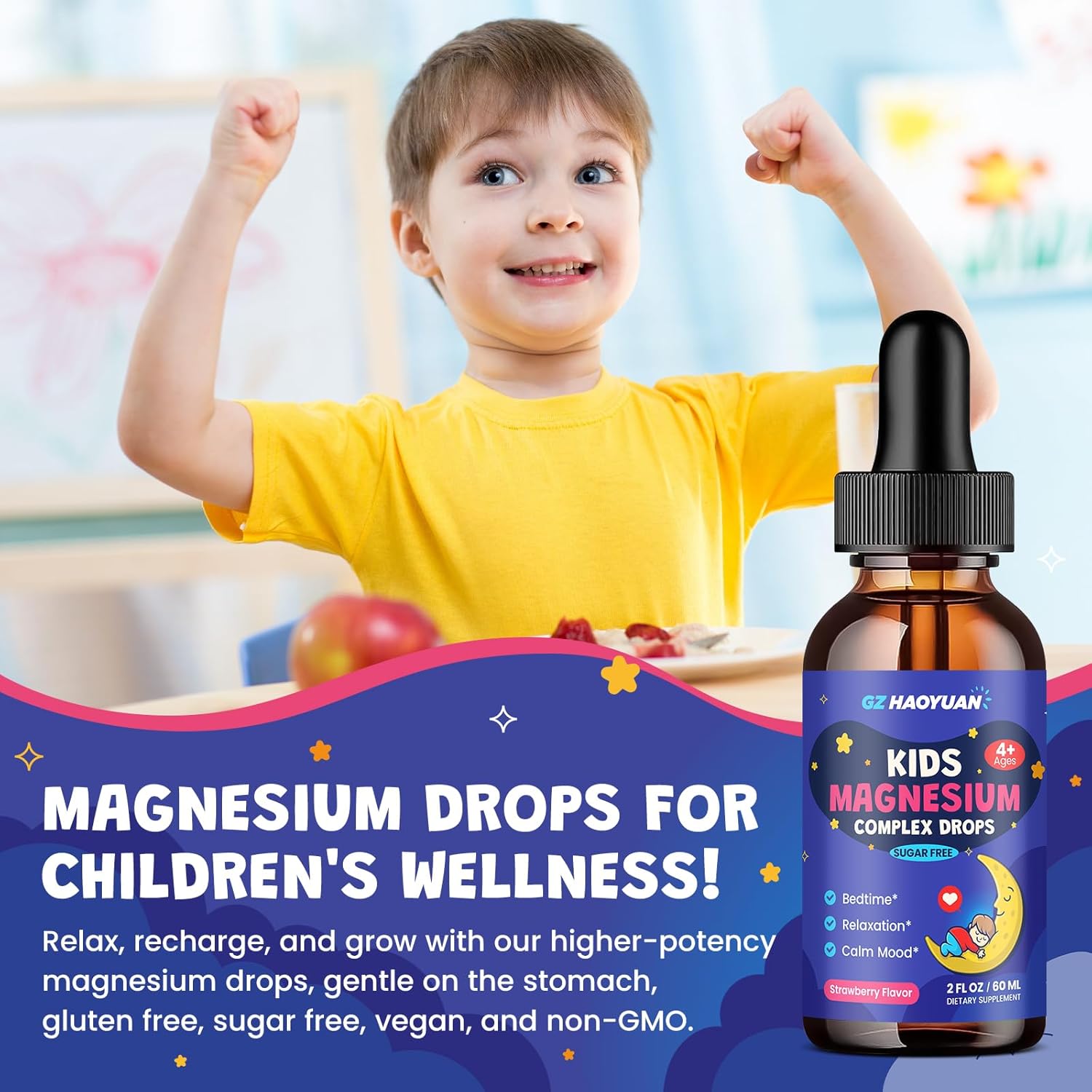 2 Pack Magnesium Glycinate Drops for Kids - Liquid Magnesium Drops with L-theanine, Chamomile & Vitamin B6 for Sleep, Relaxation, Calm & Focus, Strawberry Flavor, 4 Fl Oz