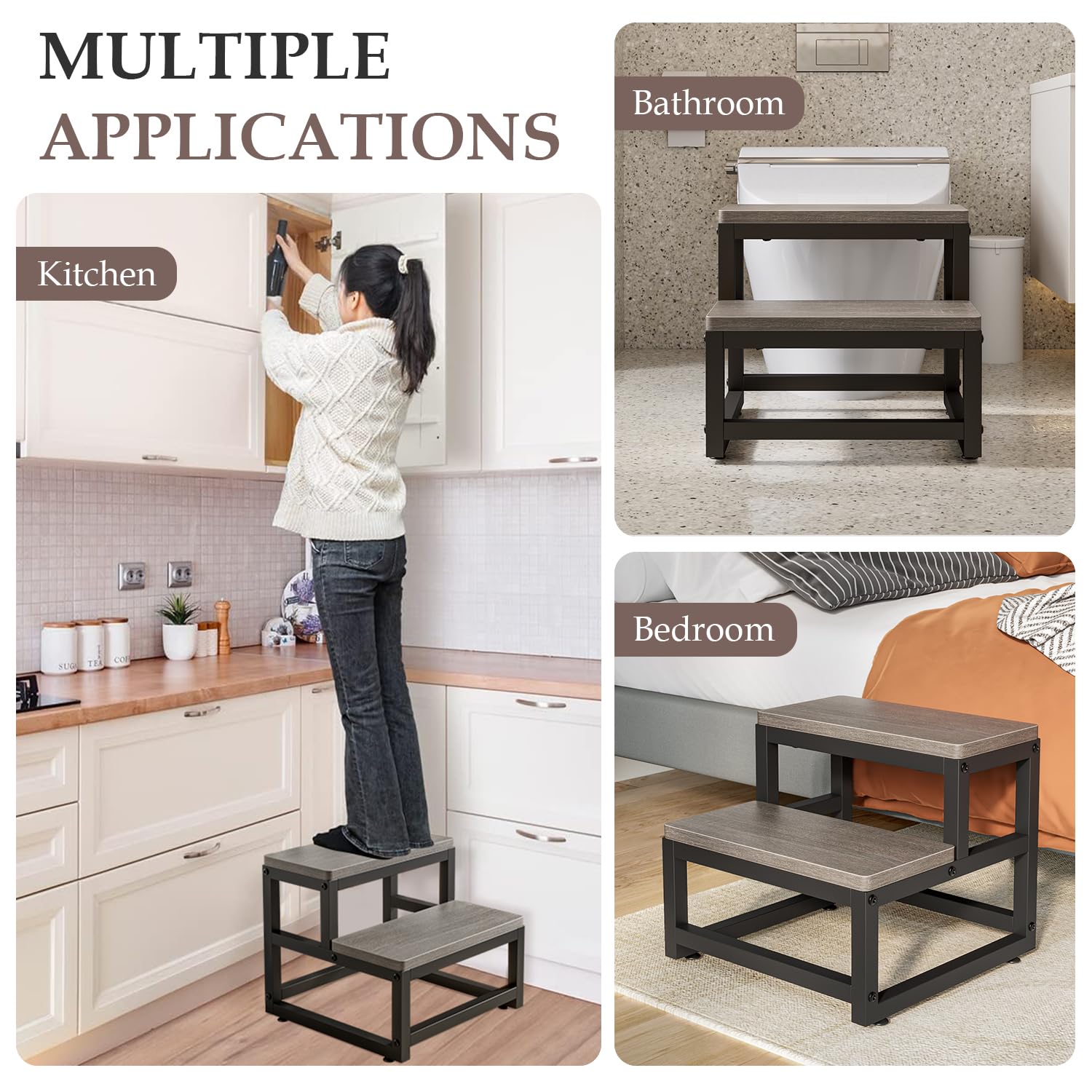Taburete de madera, estable y práctico, taburete de 2 niveles para niños y adultos, función antideslizante, antideslizante, asiento seguro, baño, dormitorio, balcón