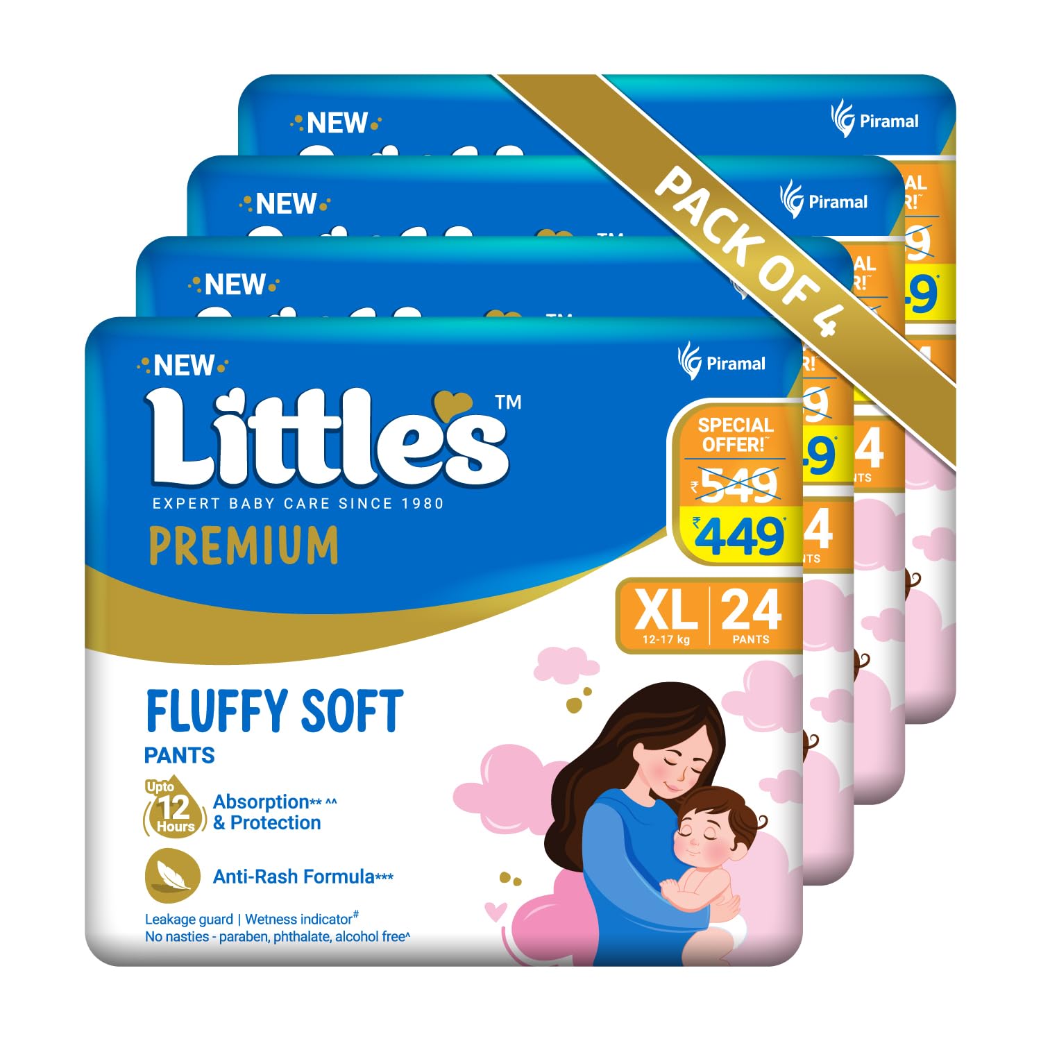 Little's Premium Baby Diapers XL Size (Extra Large) Pants Style | 12-17 kg | 96 Count | FluffySoft Baby Diaper with Leakage Guard, Wetness Indicator & 12 Hours Absorption | (24 Count, Pack of 4)