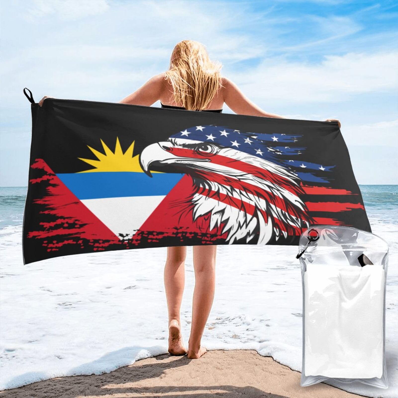 HACXZ America Flag and Antigua and Barbuda Roots Antigua and Barbuda Flag Microfiber Beach Towel Lightweight Absorbent Travel Pool for Men Women 27.5"X55"