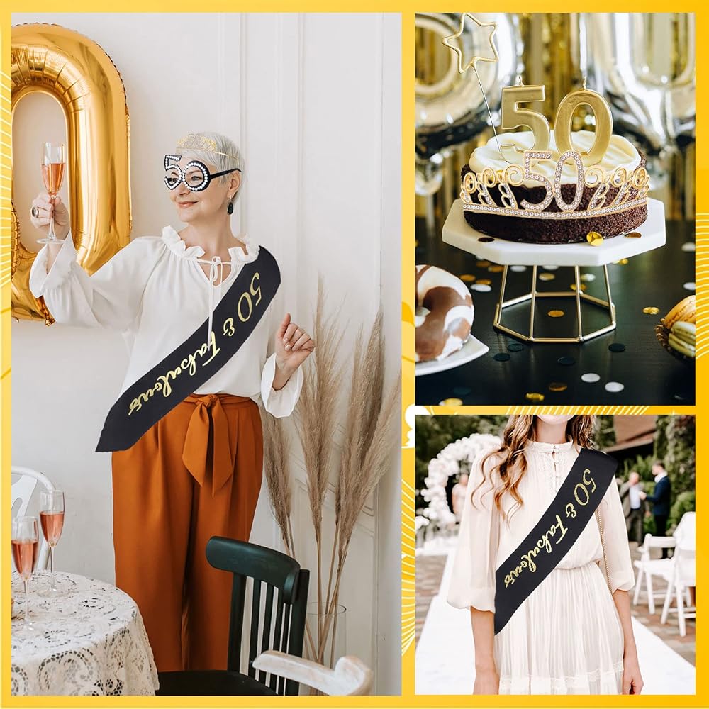 50. Geburtstag Set Für Frauen – Lila Glitzer Schärpe & Rose Gold Strass Tiara Mit Perlennadel, Partydeko Zum Jubiläum