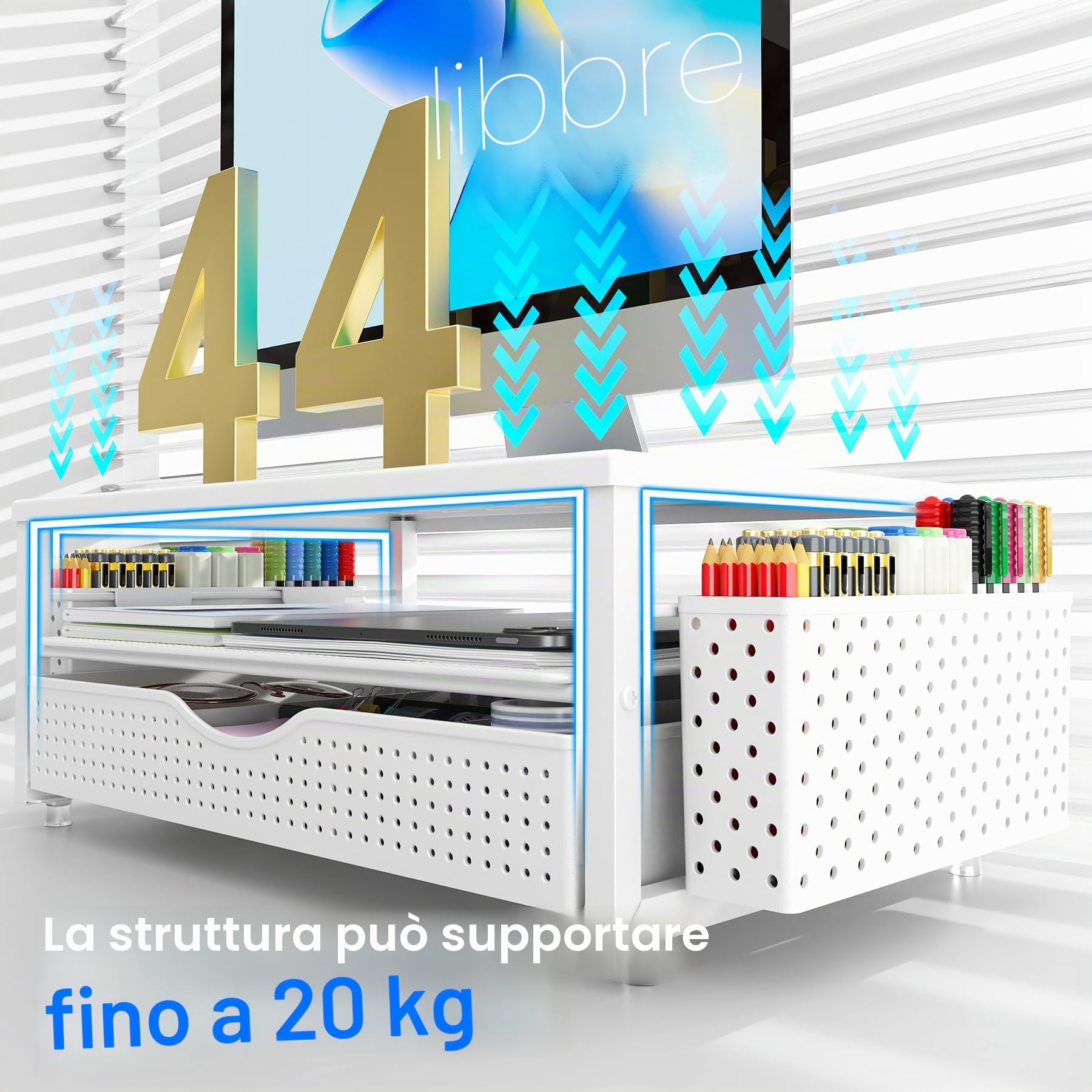 Gianotter Supporto per Monitor 2 Livelli con Cassetto e Portapenne, Organizer da Scrivania Bianco