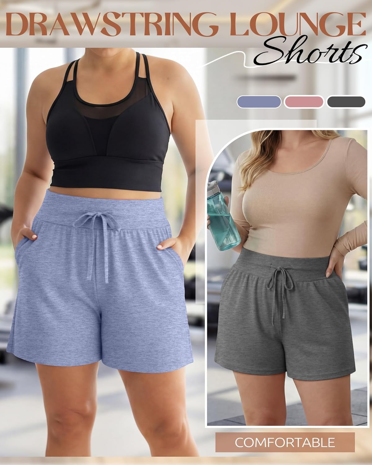 Neer 3 Pack Women's Plus Size Sweat Shorts, Drawstring Lounge Shorts Casual Summer Lightweight Soft Shorts with Pockets