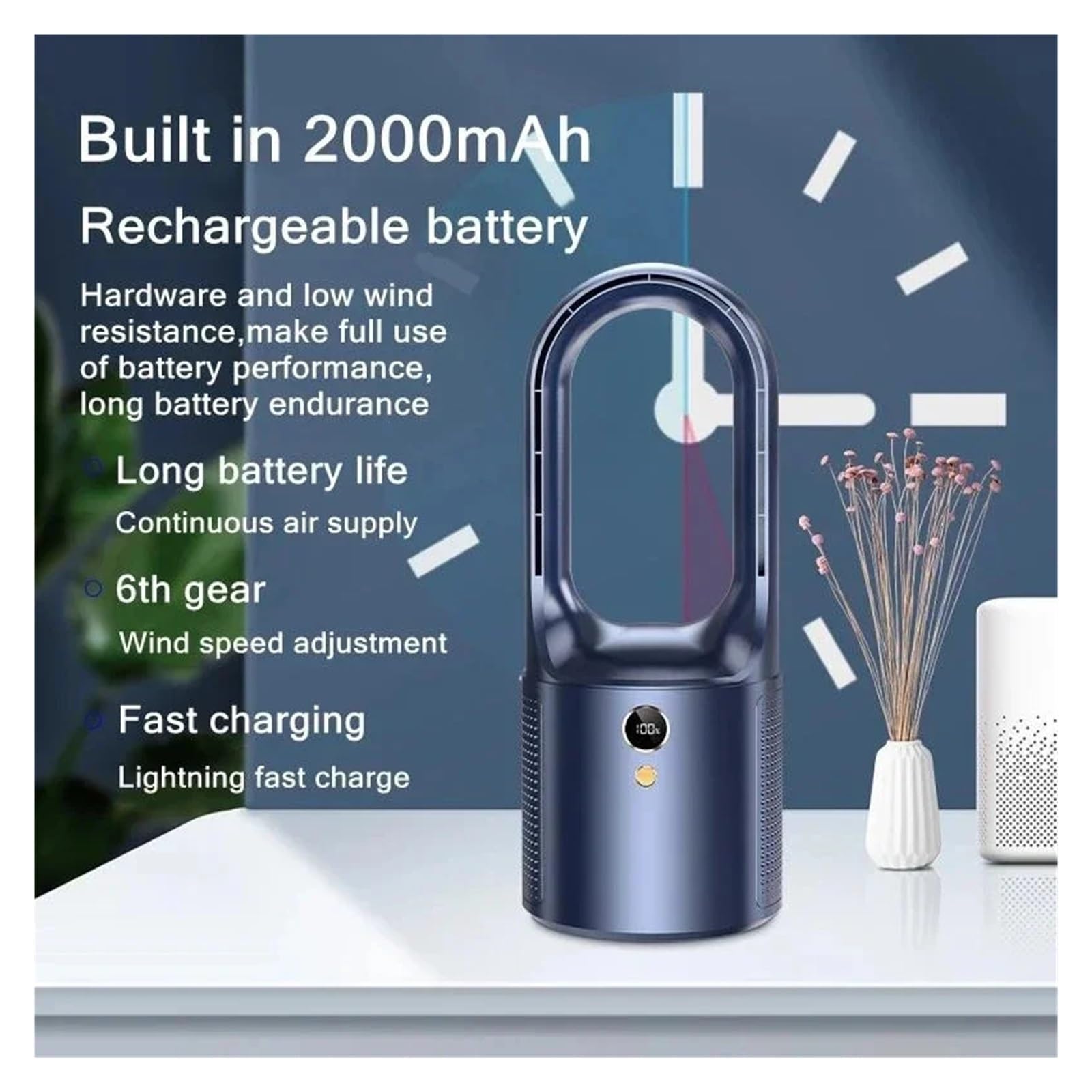 BezłOpatkowy Wentylator Biurkowy Do Użytku Domowego Elektryczny Bezłopatkowy Wentylator Stołowy Z Ładowaniem USB Przenośny Bezprzewodowy Mini Wentylator Chłodzący Ultra Cicha Lampka Nocna LED(Blue ban
