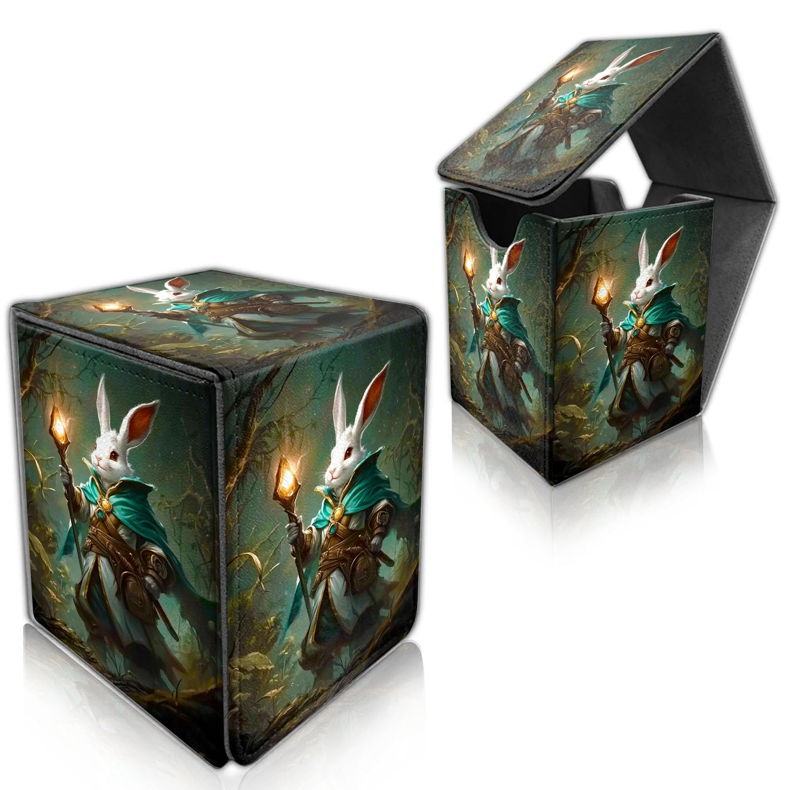DISUOFEART for MTG Deck Box, Trading Card Storage Case Holds 100+ Sleeved Cards, Adorable Rabbit Wizard Magnetic Closure Durable Deck Holder for Magic The Gathering, TCG & Commander