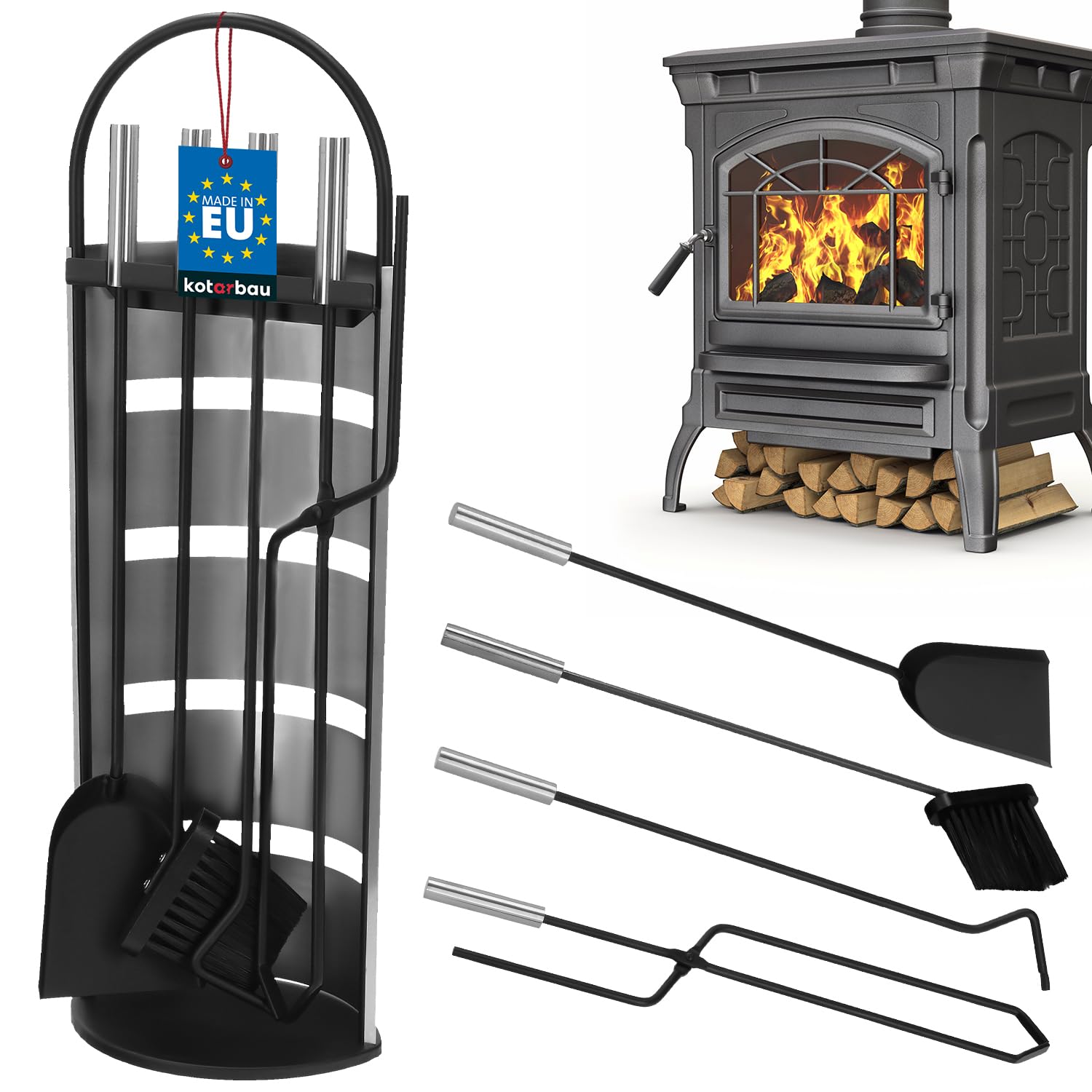 KOTARBAU® Juego de Herramientas para Chimenea de Acero Inoxidable, Set de 5 Piezas: Escoba, Pala, Pinzas y atizador de Ceniza con Soporte de pie, Herramientas para Chimenea, Estufa, Plateado Negro