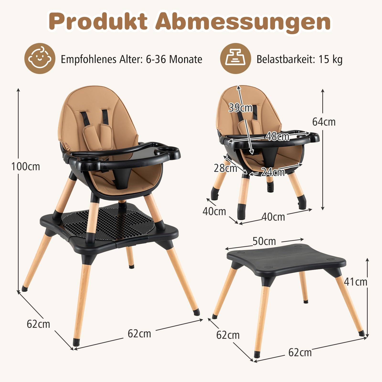 GOPLUS 6 in 1 Hochstuhl Baby, Kinderstuhl mit abnehmbares Bausteintisch, Babyhochstuhl mit verstellbar Doppeltablett, Kombihochstuhl, Essstuhl, Lerntisch, Kinderhochstuhl für 6-36 Monate (Braun)