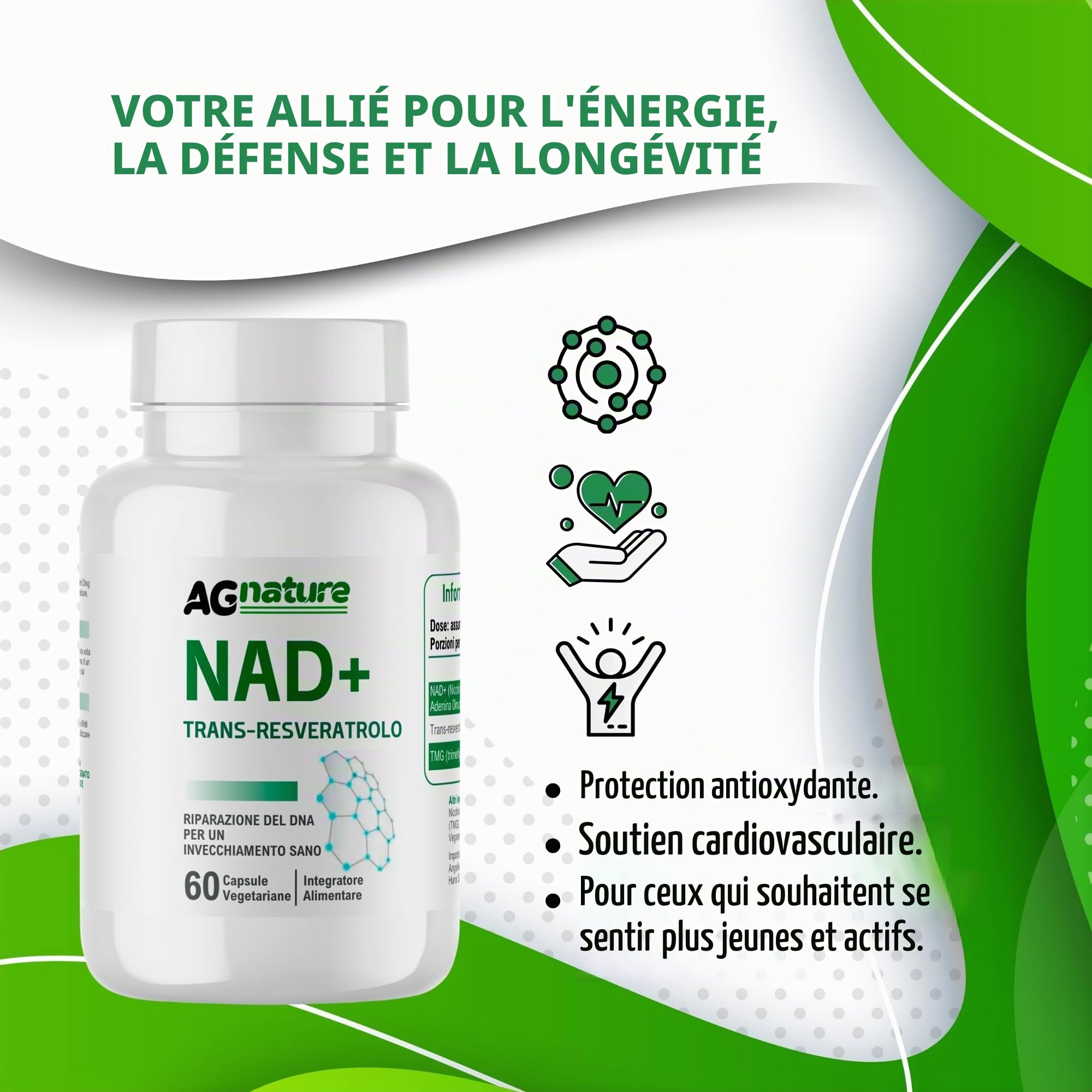 NAD Complément Nicotinamide Pur 60 Gélules 1000 mg - Complexe Anti-Âge et Anti-Fatigue avec Niacine, Trans-Resvératrol et Triméthylglycine