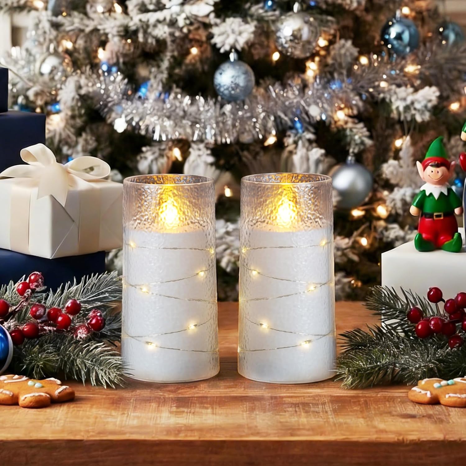 Homemory Upgraded Flameless Candles Flickering with Remote & Timer, 3x6 Inch LED Pillar Candles Battery Operated, Textured Wave Shell with Fairy String Lights, Fake Candle for Wedding, Home Decor