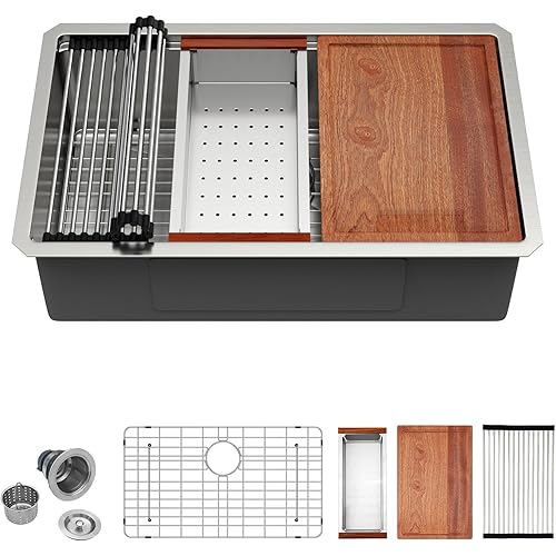 30 Inch Undermount Kitchen Sink - 30 × 19 Stainless Steel Workstation Sink 16 Gauge Single Bowl 9'' Deep Basin Handmade Stainless Kitchen Sinks