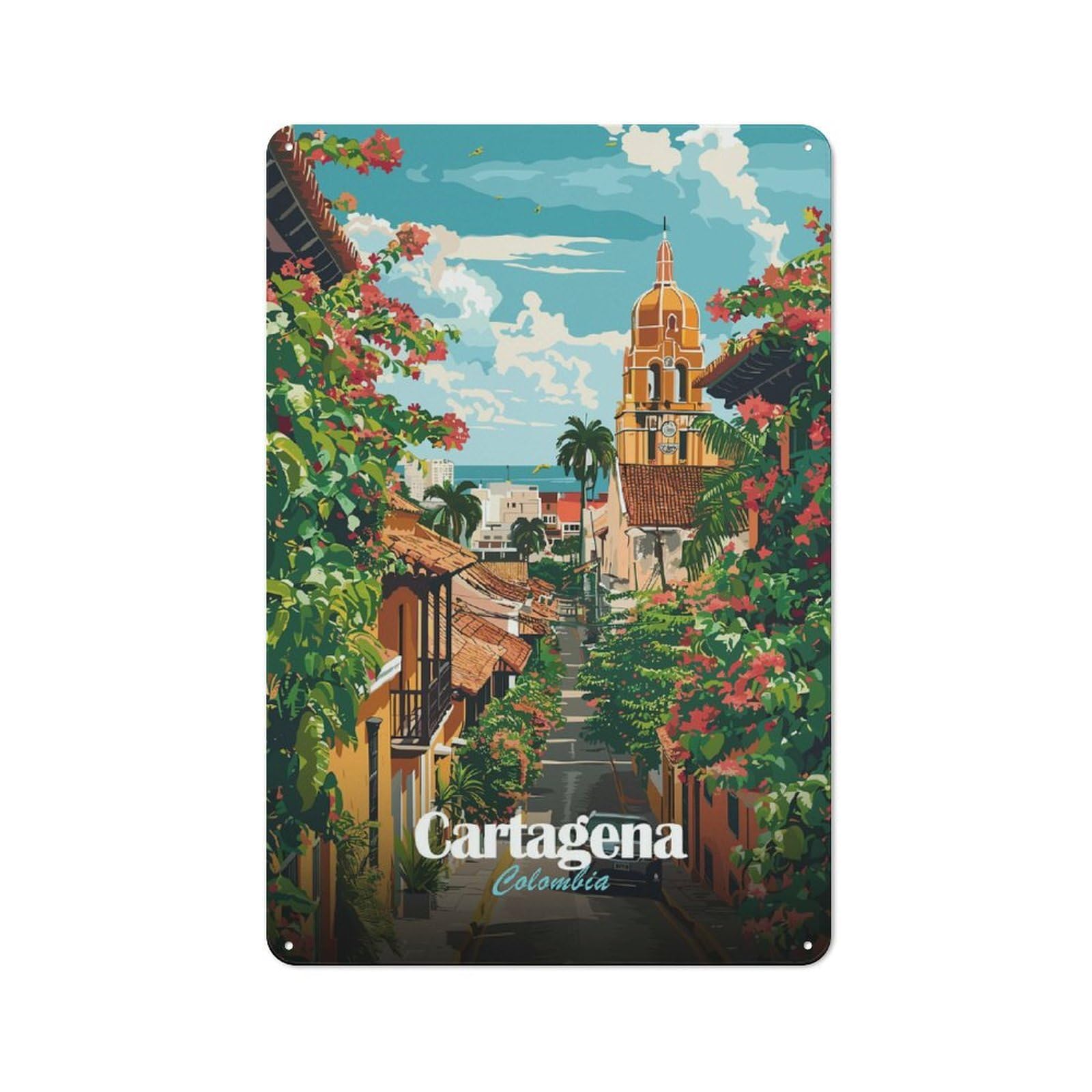 Junmoney Style-8 Vintage Garden Room Metal Sign 30X20cm Featuring Cartagena, Colombia Street View Illustration, Utility Space Decor For Shed, Garden Room, Porch Or Garage