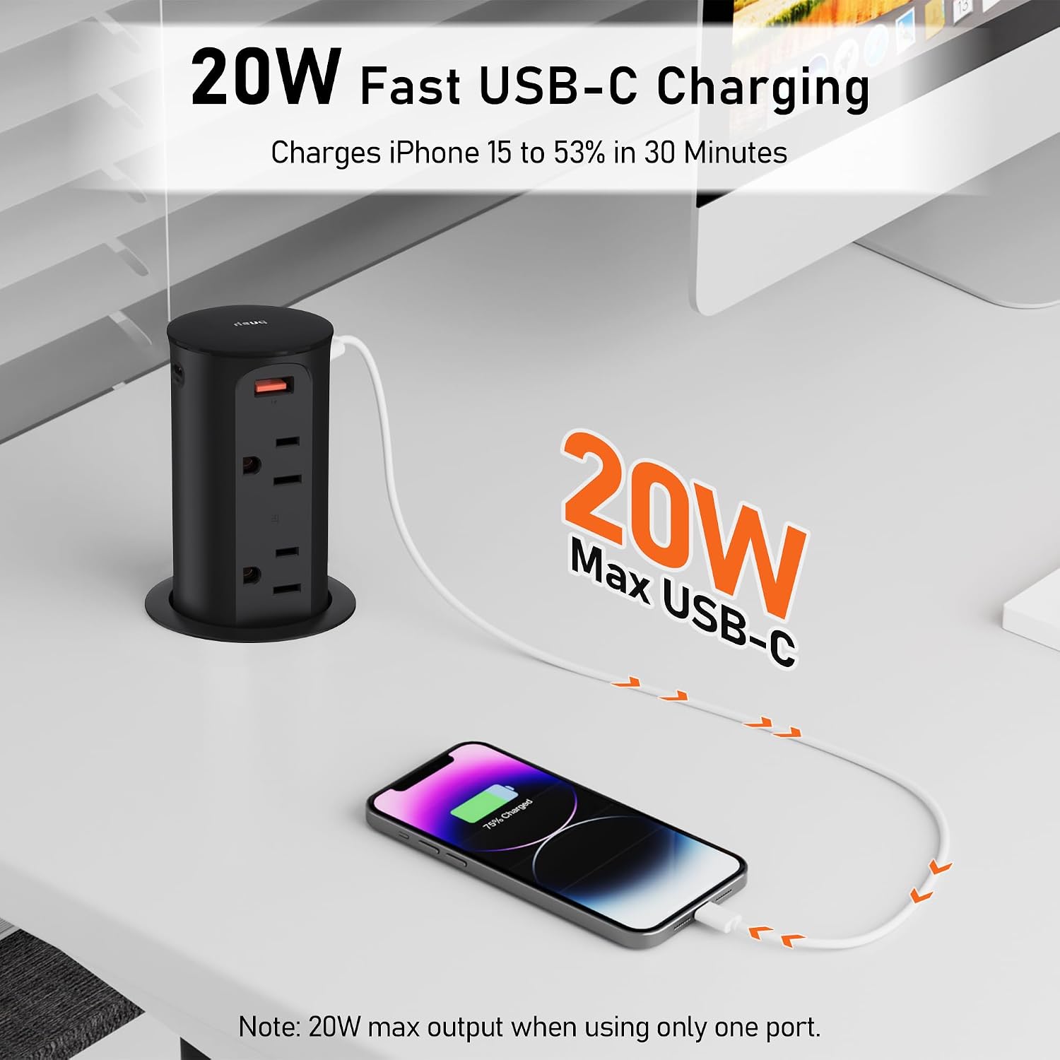Pop Up Outlet for Countertop 2.5-Inch,Recessed Power Strip,20W USB C,4 Outlets,Space Saver for Kitchen,Office Desk,Tamper Resistant Receptacle,ETL Listed (Black, USB-20W)