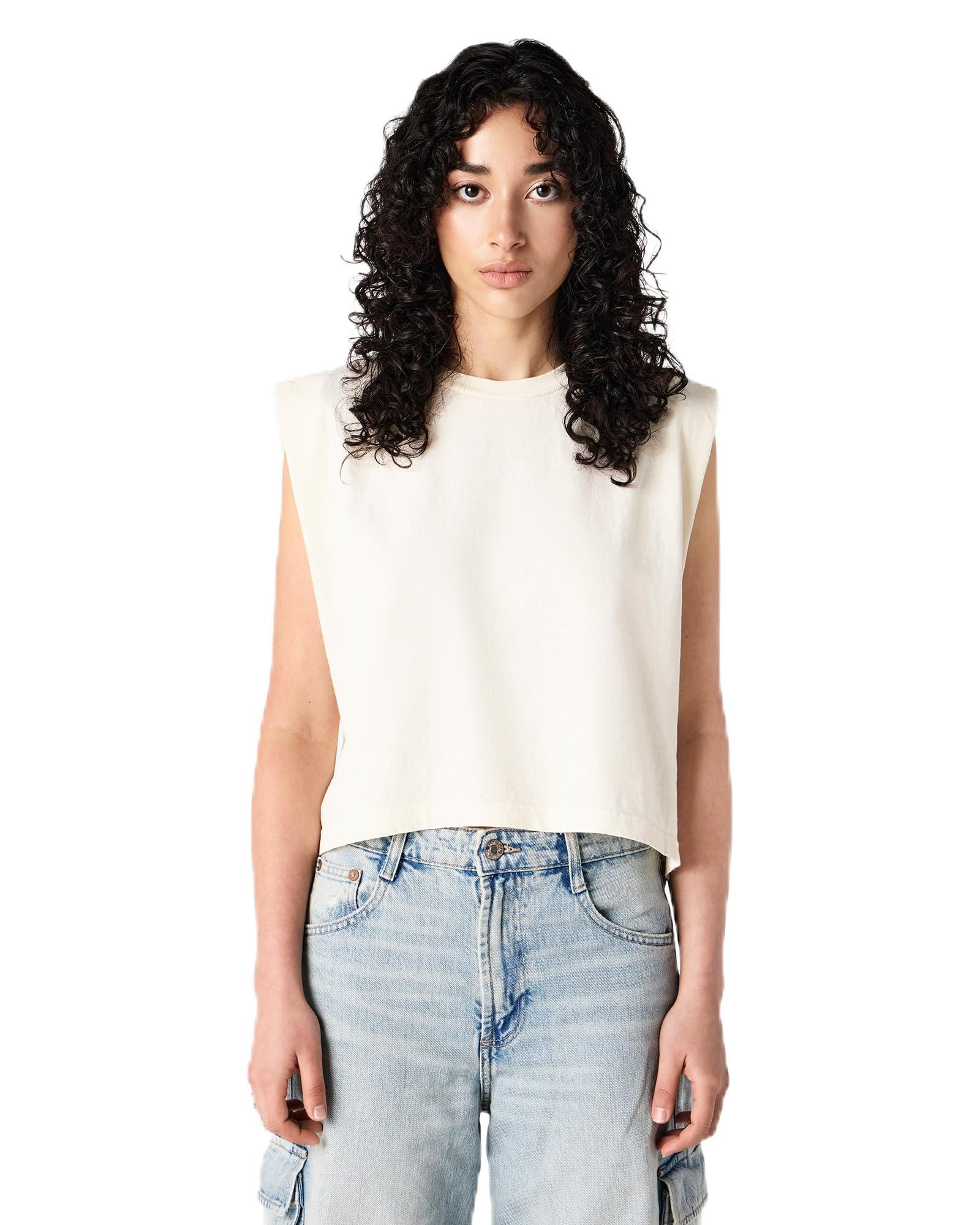 American Apparel Heavyweight Cotton Women's Muscle T-Shirt I Sleevless Crop Top - Faded Cream_Medium