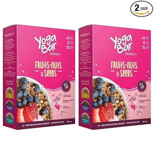 Muesli Fruit and Nuts - Wholegrain Breakfast Cereals with Oats and Dry Fruits, High in Omega 3, Gluten Free Vegan Granola with Chia and Flax Seeds (400g - Pack of 2)
