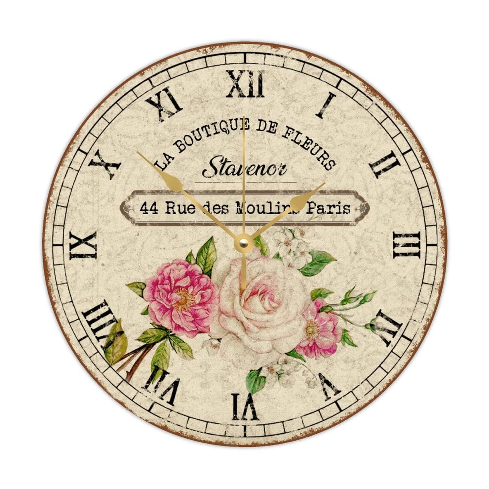 Horloge murale vintage en bois de 38cm au motif floral élégant pour salon