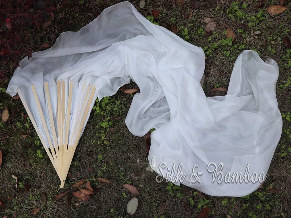 Pair Large Silk Fan Veils 70"x 45", worship praise Adoration belly dance flag streamers (white)