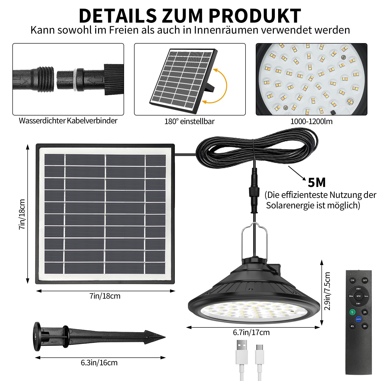 Qoolife Lampe Solaire LED Suspendue 4500 mAh IP66 3 Couleurs 4 Modes Télécommande Charge USB Jardin