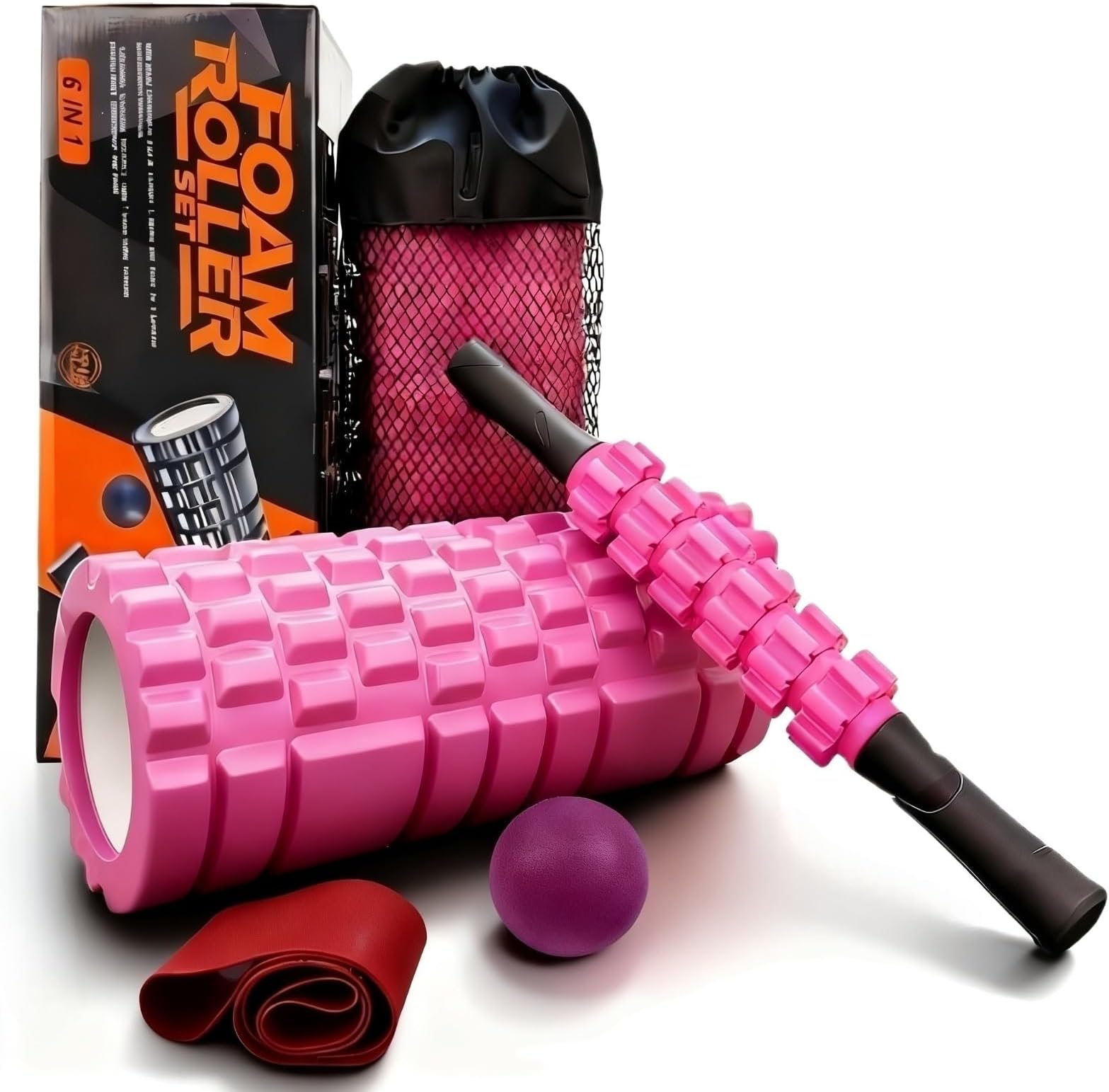 Aucuu 5 in 1 Foam Roller Set Includes Hollow Core Massage Roller, Yoga Stick, Massage Ball, Fitness Stretching Strap, Carrying Bag, Towel, Massage Roller (Pink)