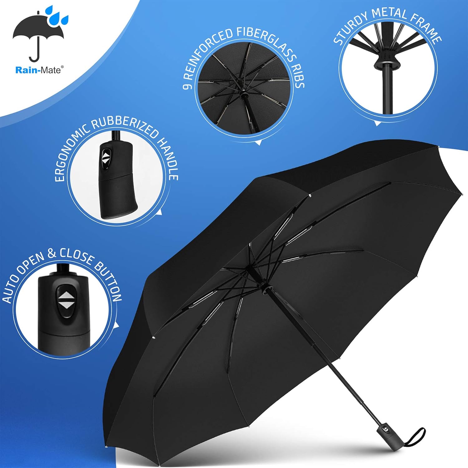 Rain-Mate Compact Travel Umbrella - Pocket Portable Folding Windproof Mini Umbrella - Auto Open and Close Button and 9 Rib Reinforced Canopy (Black) : Clothing, Shoes & Jewelry