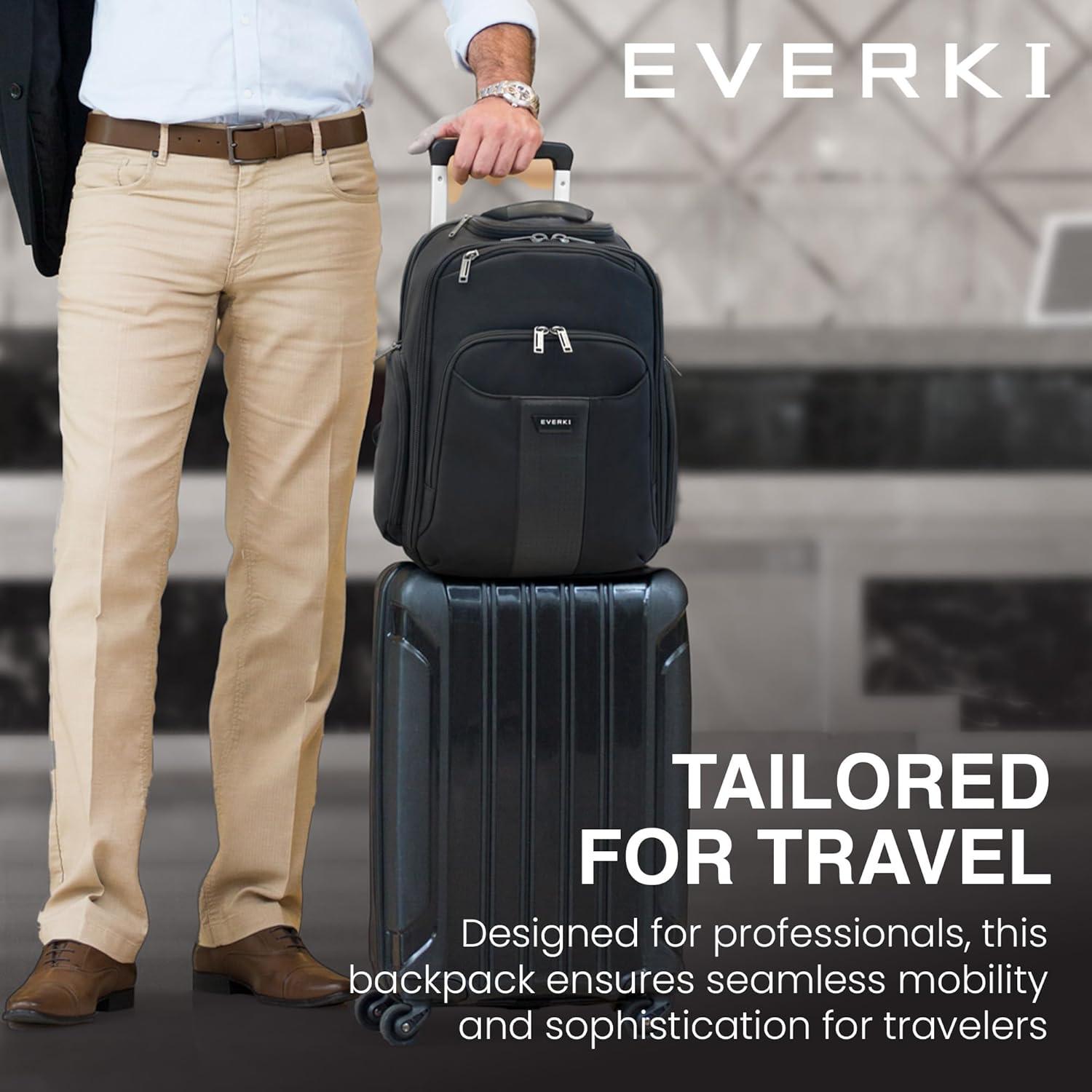 EVERKI Versa 2 Travel Laptop Backpack – Versatile Work & Travel Backpack for Men & Women, Water-Resistant, 14.1"–15" Laptop Compartment, 21.5L Capacity, Durable Ballistic Nylon, Black (EKP127B)