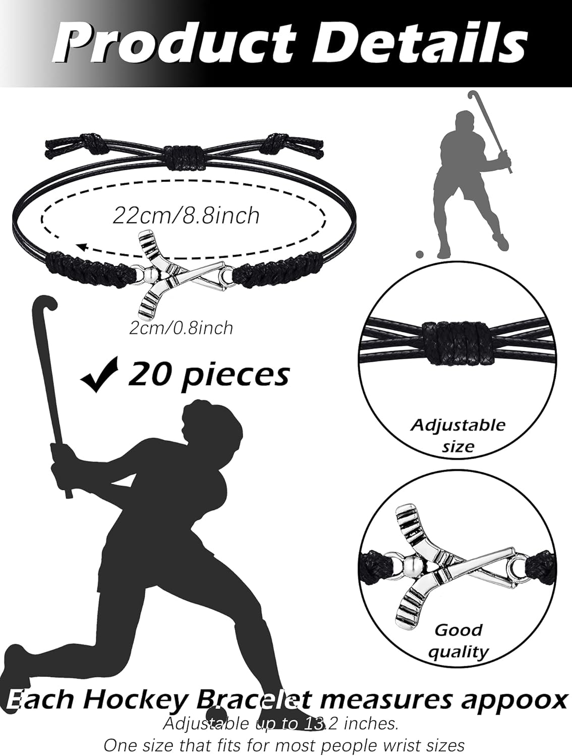 Jadive 20 Pcs Field Hockey Bracelets Gifts Adjustable Rope Hockey Jewelry Charms Team Gifts Bulk for Valentines Friends Players Coaches - Image 2