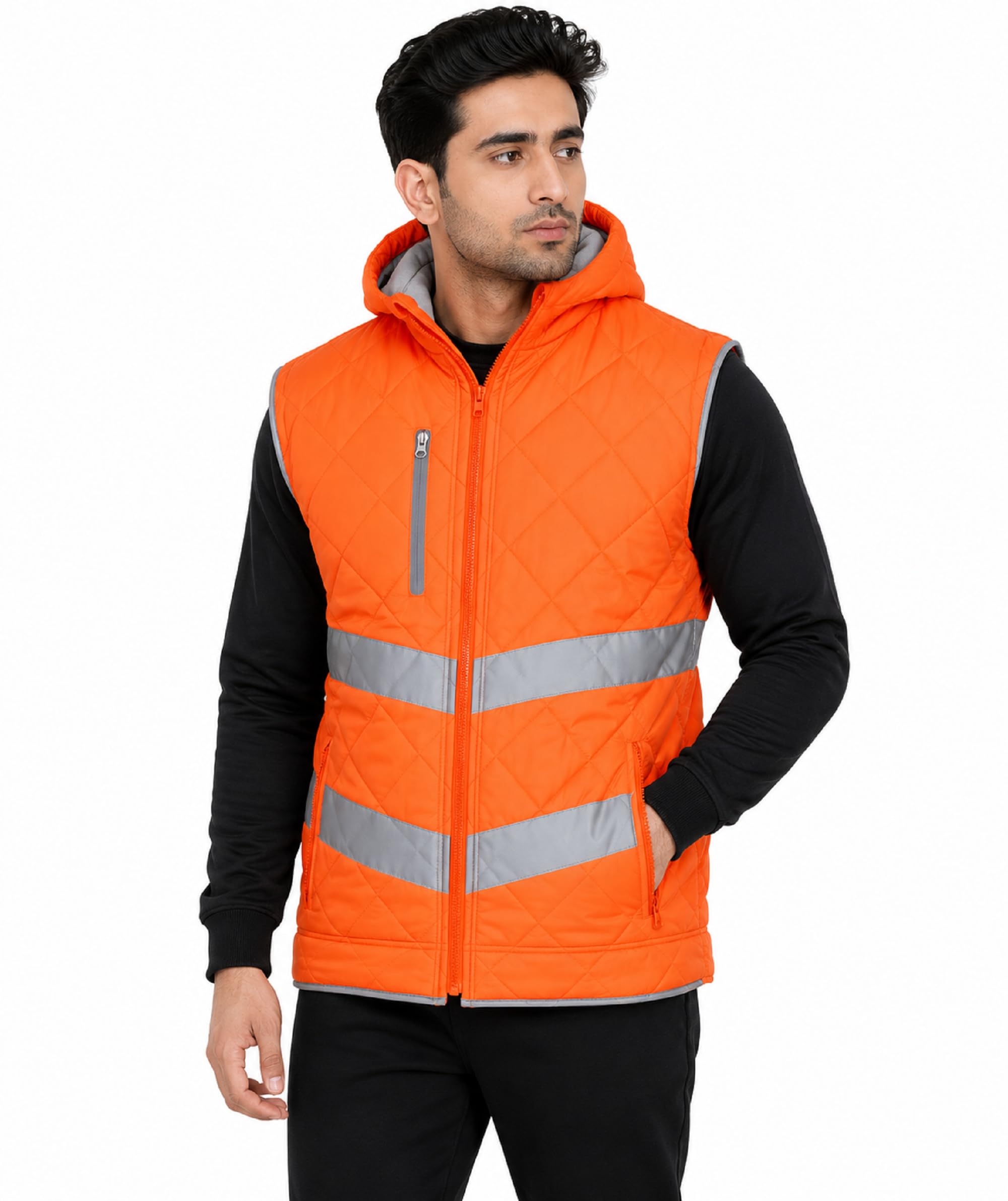 Hi-Vis Hooded Gilet Men Women – Kensington High Visibility Safety Bodywarmer Reflective Tape – Lightweight Water-Resistant Hi Viz Vest – PPE Workwear Construction Warehouse Gilet (Orange, 2XL)