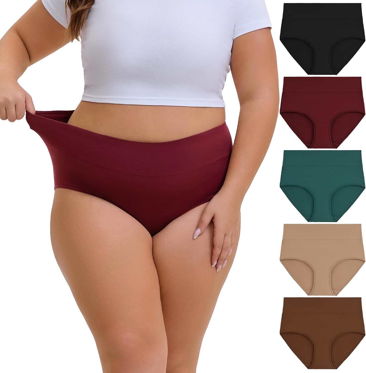 Women's Plus Size Underwear High Waisted Cotton Panties Briefs 5-Pack