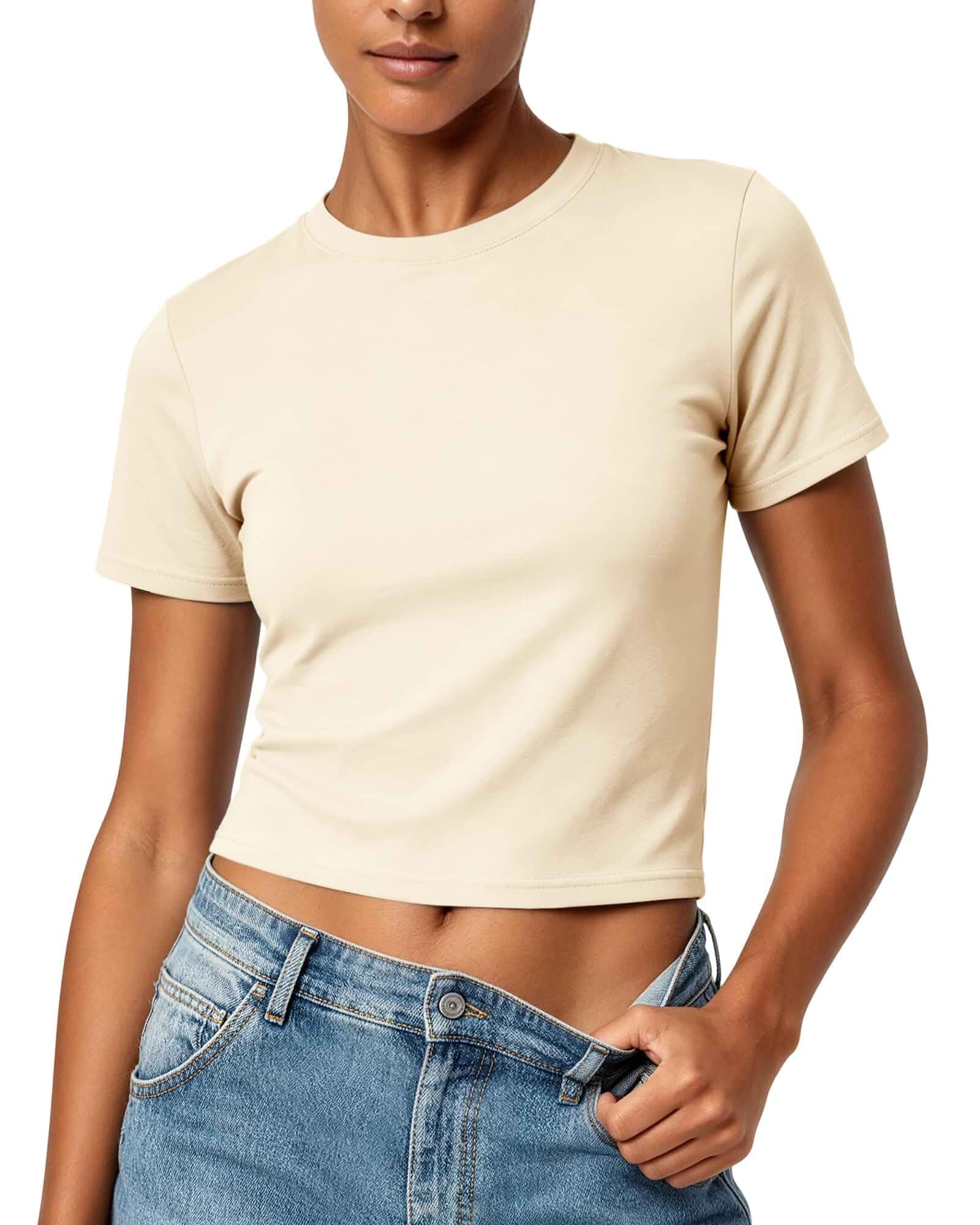 Women's Baby Tee, Crewneck Slim Fit Cropped T-Shirt, Short Sleeve Top Classic crew neck, short sleeves, and slim cropped fit for casual summer outfits, daily wear, going out, and layering.