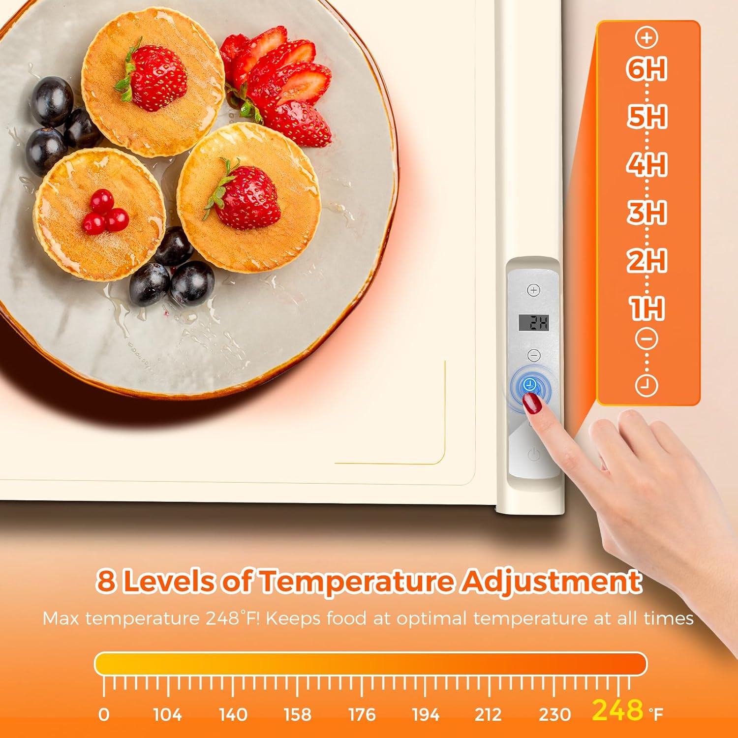 Warming Mat for Food | Max Temp 248℉,Electric Warming Tray with Timer and 8-Level Adjustable,Fast Full-Surface Food Heating Mat with Child Lock,Roll-Up & Portable Silicone Food Warmer for Buffet Party
