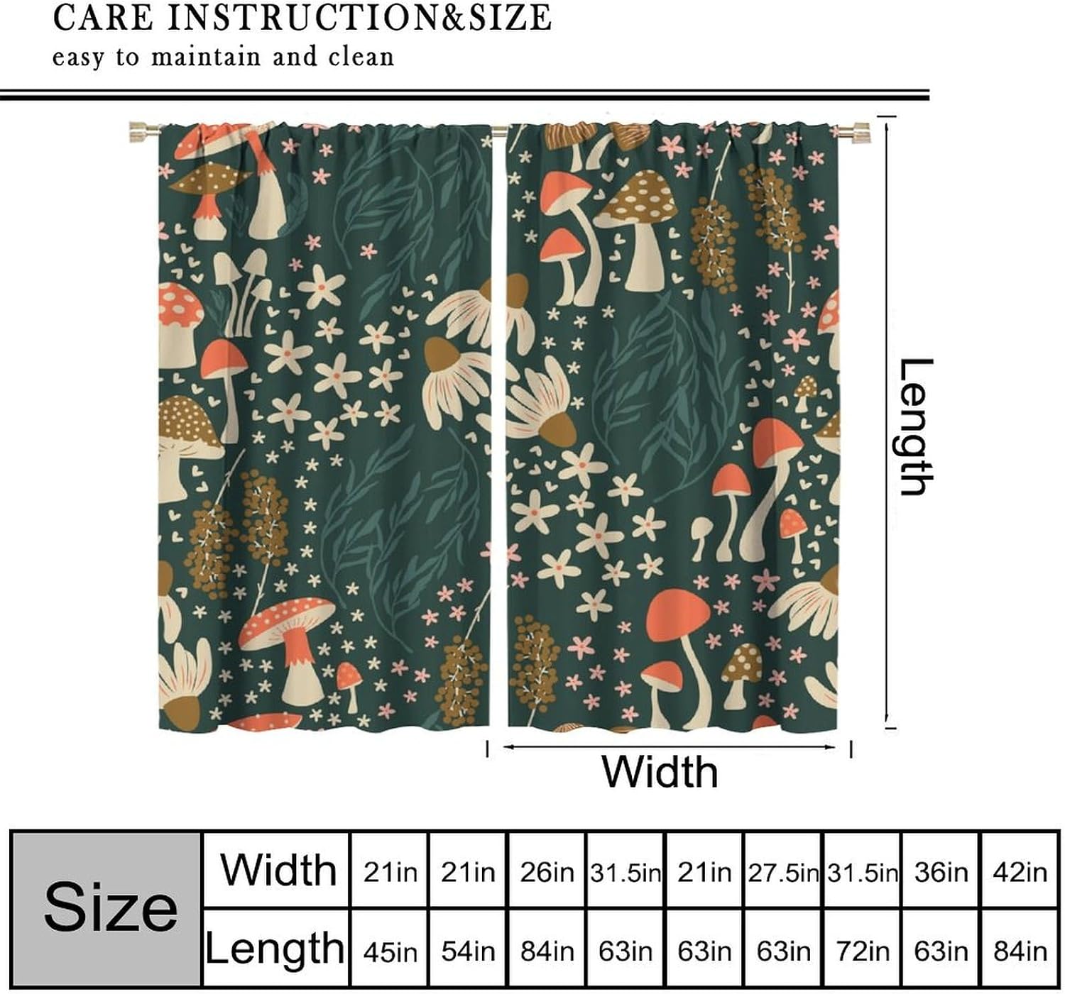 Mushroom Curtains, Woodland Garden Nature Mushroom Leaves Print Window Treatments, Rod Pocket Thermal Insulated Drapes 2 Panel Sets for Bedroom Living Room Kitchen, 42" W X 45" L【Decor】