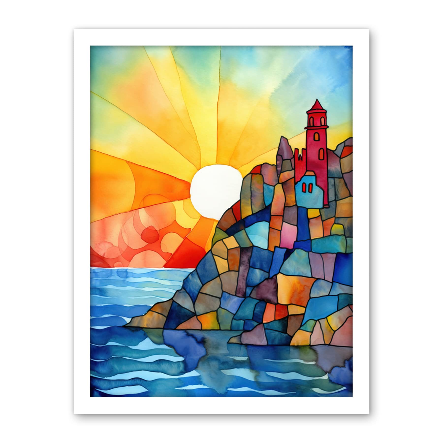 Artery8 Sunset Coastal Cliffs Lighthouse Folk Art Artwork Framed Wall Art Print 18X24 Inch