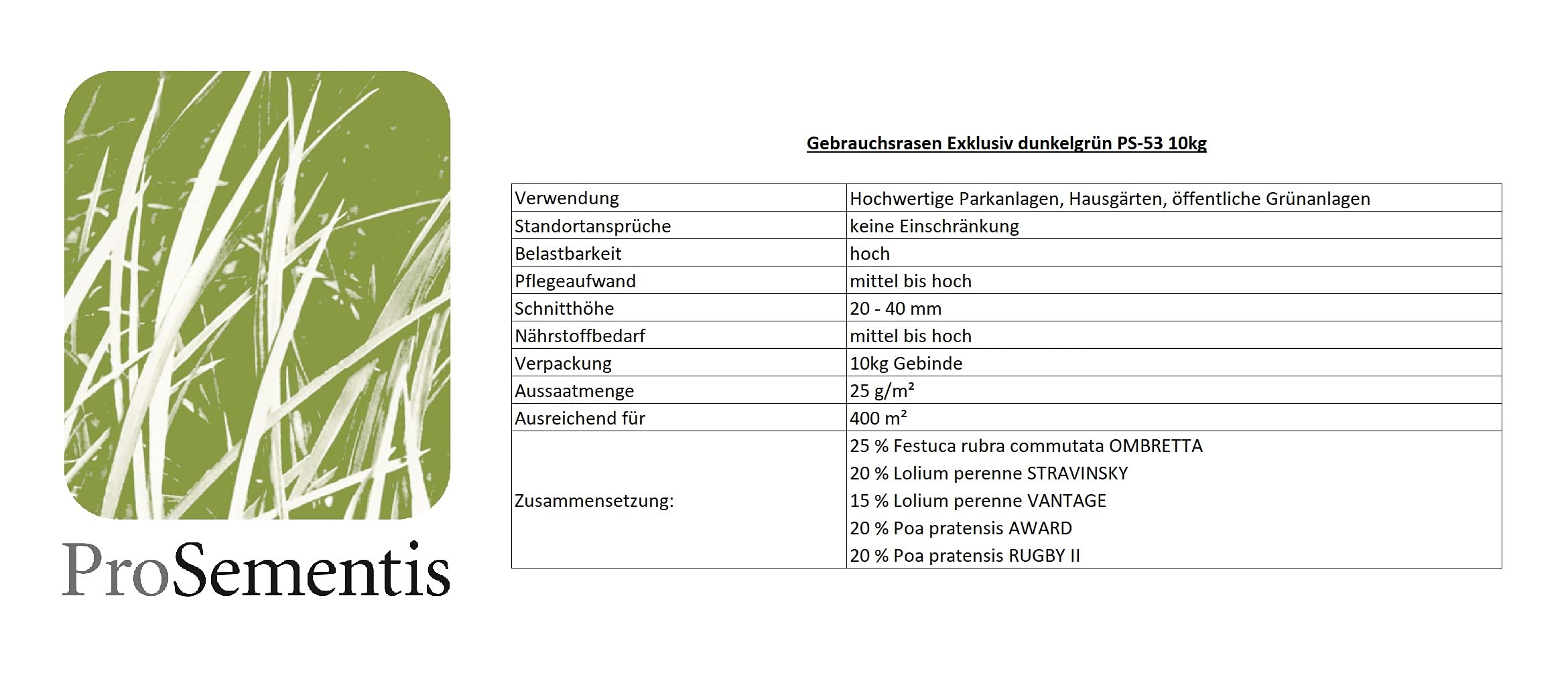 Rasensamen dunkelgrün PS-53 10kg I tiefschnittverträgliches Rasen Saatgut zur Neuanlage und Nachsaat I Exclusiv PS-53
