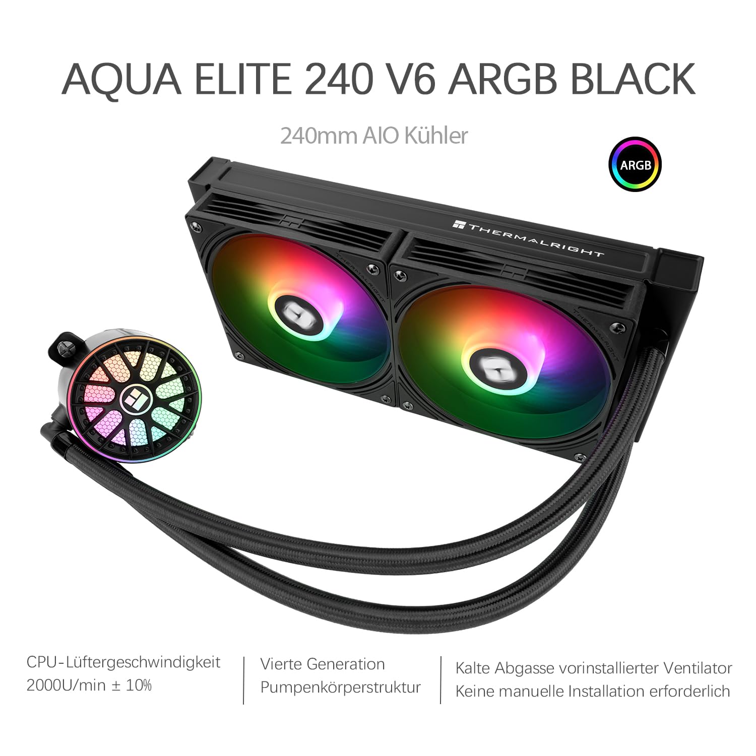TR-Thermalright AQUA ELITE 240 V6 ARGB - Radiatore CPU liquido, 240mm Raffreddamento Aio, doppia ventola PWM ARGB, per AM4/AM5, Intel LGA1851/1700/115x/1200 (Nero)